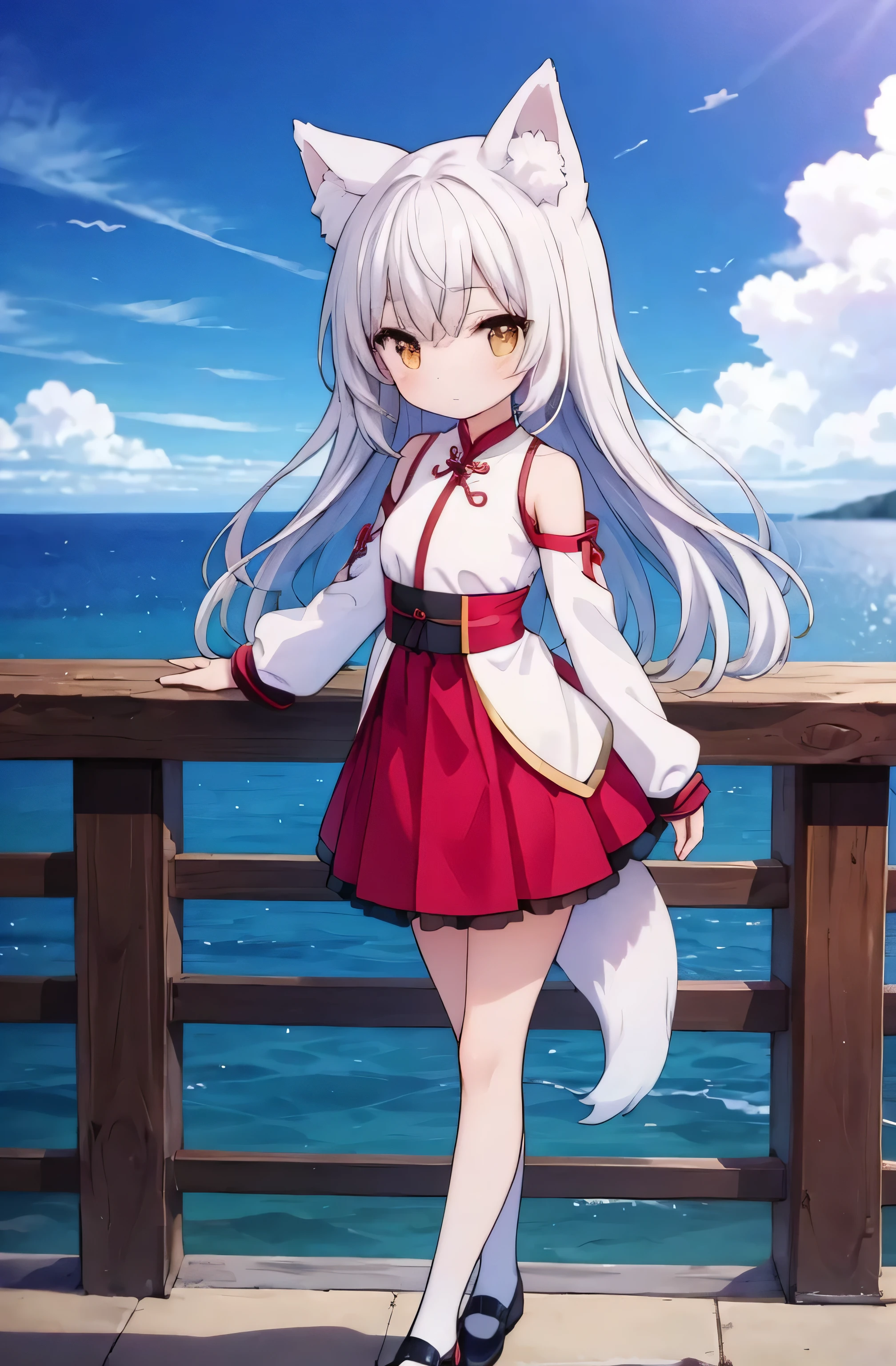 狐耳Change,(头上长着fox耳朵:10),fox,silver hair,Shoulder length hair,golden eyes,flat chest,white,leather shoes,Upper body cheongsam,lower body lo skirt,(Change:5),Beautifully,standing posture,Dress appropriately,ocean