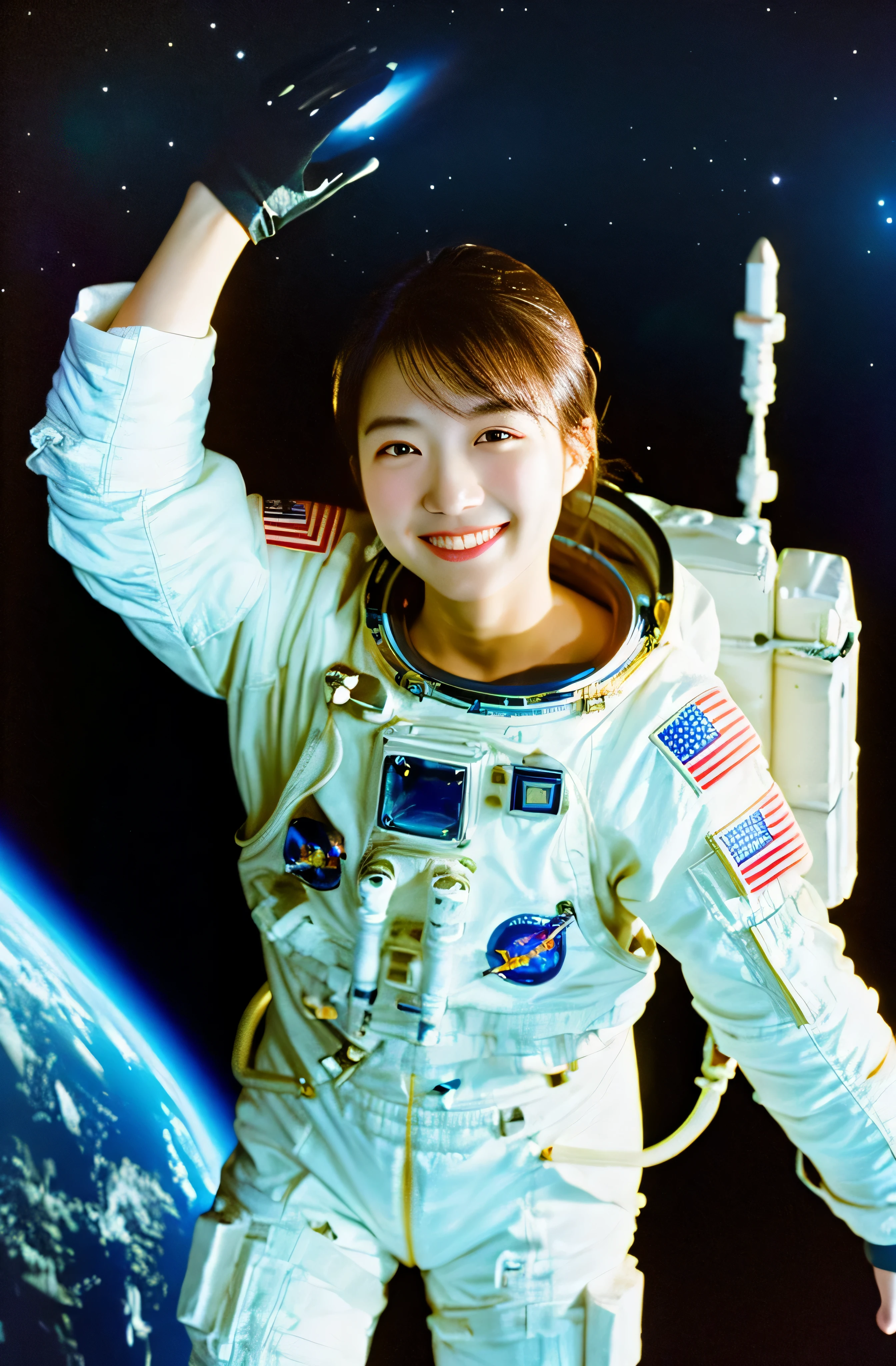 highest quality, masterpiece, ultra high resolution, (realistic:1.4), Raw photo, 1 girl、shiny skin, dramatic lighting, whole body,、Japanese, complete raw body, Show all attractions、smile、astronaut、space shuttle
