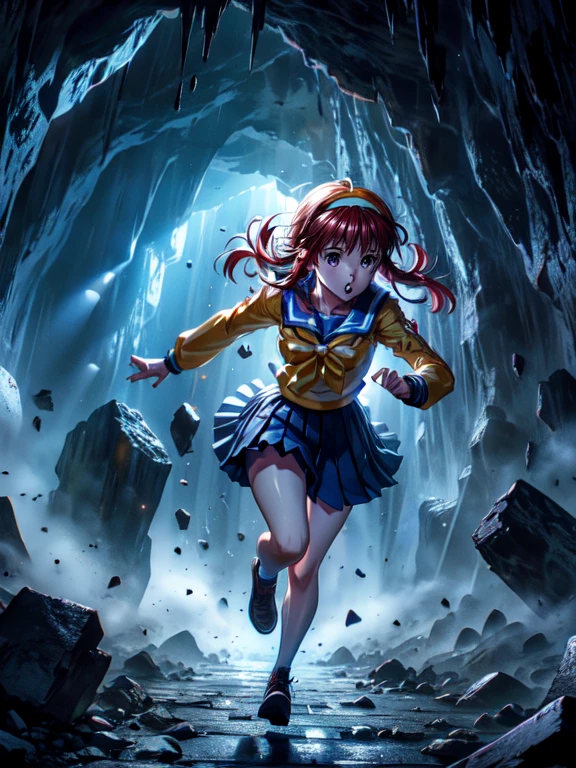 caveRunning,running,cave,debris,dark,dark theme,full body, fujisaki shiori, yellow hairband, , serafuku, long sleeves, pleated skirt,
