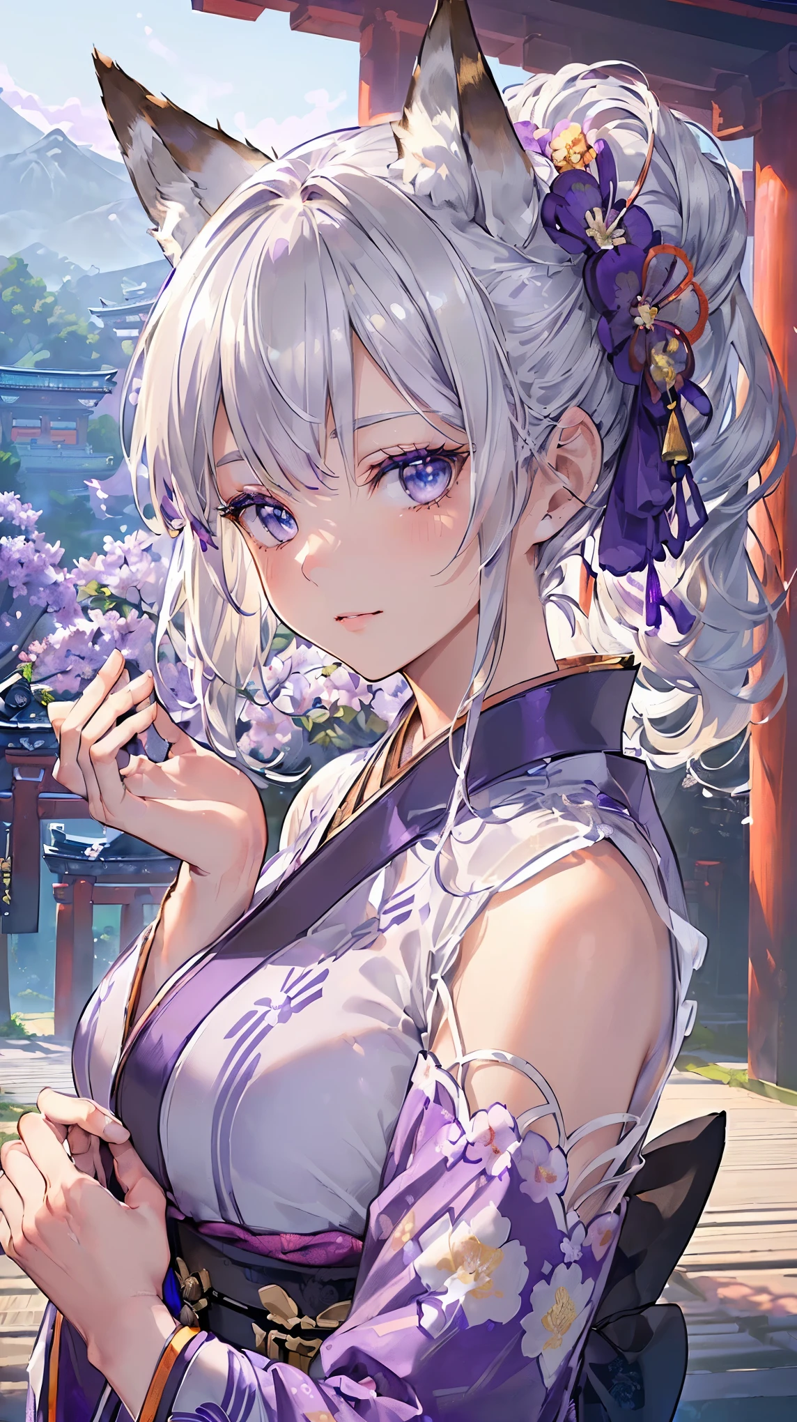 (((Masterpiece))), (((Highest quality))), ((Ultra-detailed)), ((Super fine illustration)), ((Ultra-fine painting)), (16K highest quality wallpaper:1.4), (Upper body:1.6), HDR, (Highly detailed and delicate illustration style:1.8), Detailed skin texture, Detailed cloth texture, Extreme detailed description, (T-masterpiece), (Highly detailed face:1.2), (Highly detailed silver fox ears:1.4), (Highly detailed shiny half updo:1.2), (Highly detailed beautiful eyes:1.2), (Highly detailed silver nine tails:1.2), Original, RAW photo, Professional, Intricate details, Super details, Direct light:1.6, (Perfect anatomy:1.4), (Highly detailed hands:1.2), (Highly detailed fingers:1.2), (Highly detailed fingertips:1.2), (27-years-old), Real, (Solo:1.6), ((A very beautiful and attractive silver fox model wearing a bright purple kimono with a floral pattern:1.4)) BRAKE (Beautiful and adorable silver fox ears:1.6), (Highly detailed and delicate silver fox ears:1.2), (Beautiful and well-shaped big breasts:1.2), (Beautiful and well-shaped buttocks), (Beautiful and shiny silver half updo:1.6), (Highly detailed and delicate silver half updo:1.2), (Beautiful clear blue eyes that shine with great detail:1.6), (Highly detailed and delicate blue eyes:1.2), (Highly detailed face:1.4), (Smile:1.3), (Blush:1.2), (Looking at viewer:1.4) BRAKE ((Bright purple:1.4) long-sleeved kimono with floral pattern:1.4), (Japanese traditional costume:1.2) BRAKE (Highly detailed and beautiful Ise Grand Shrine in Mie Prefecture just after noon in the background:1.6), Torii gate of Ise Shrine:1.2, Grounds of Ise Shrine:1.2, Highly beautiful in the sunny sky background just after noon:1.4 BRAKE