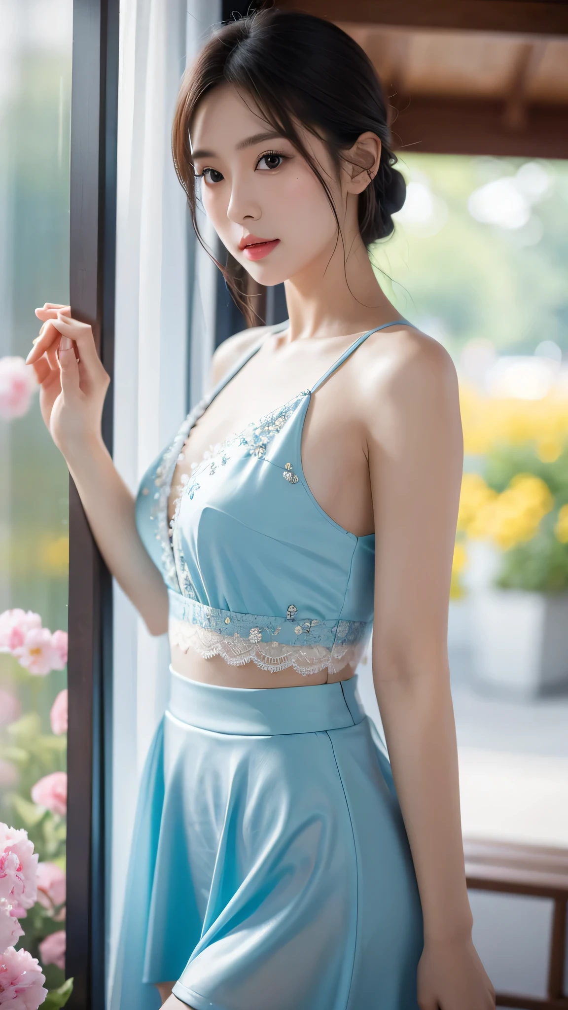 movie照片独奏,1 girl,,lace edge_skirt,Dichroism_pantyhose,big breasts,(colored hair:0.1),beautiful girl standing on flowers,Every detail on the face is perfect,The details of the characters are also exquisite..,fashion portrait,bright colors,cute background,panorama,Large Diameter,Making of bubble mart,Delicate luster,8K gradient translucent glass melt,Frosted glass,masterpiece, highest quality,, super real,lively,16k,high detail,High resolution ,movie, Bokeh, Professional, 4k, very detailed、Versatile gravure poses、
