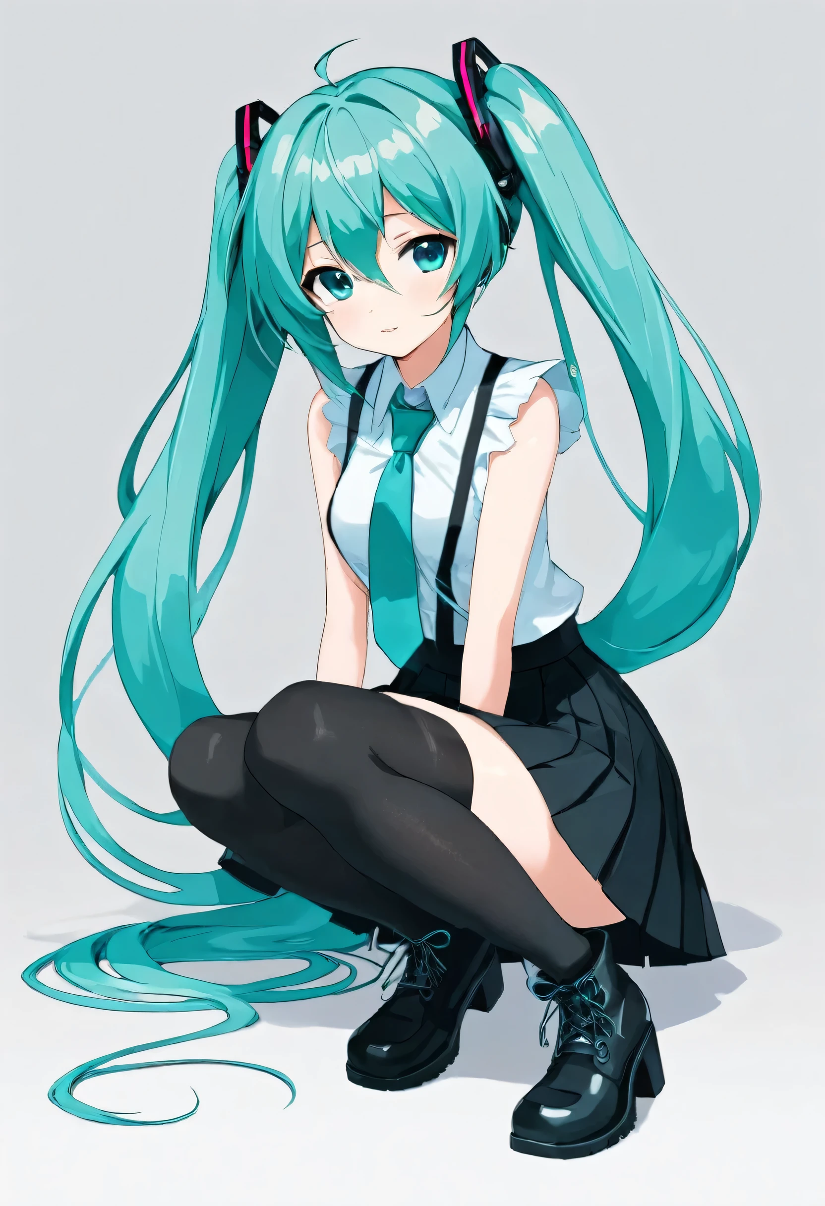 masterpiece, intricate details,highest quality, chromatic aberration, 1 girl, alone, skirt, Hatsune Miku, super long hair, Thighhighs, twin tails, removed sleeve, tie, thigh boots, shirt, boots, black skirt, kneel down, No sleeve, headset, aqua eye, pleated skirt, aqua hair, full body, No sleeve shirt, simple background, zettai ryouiki, very long hair, white background, tattoo, black footwear, black Thighhighs, hair ornaments