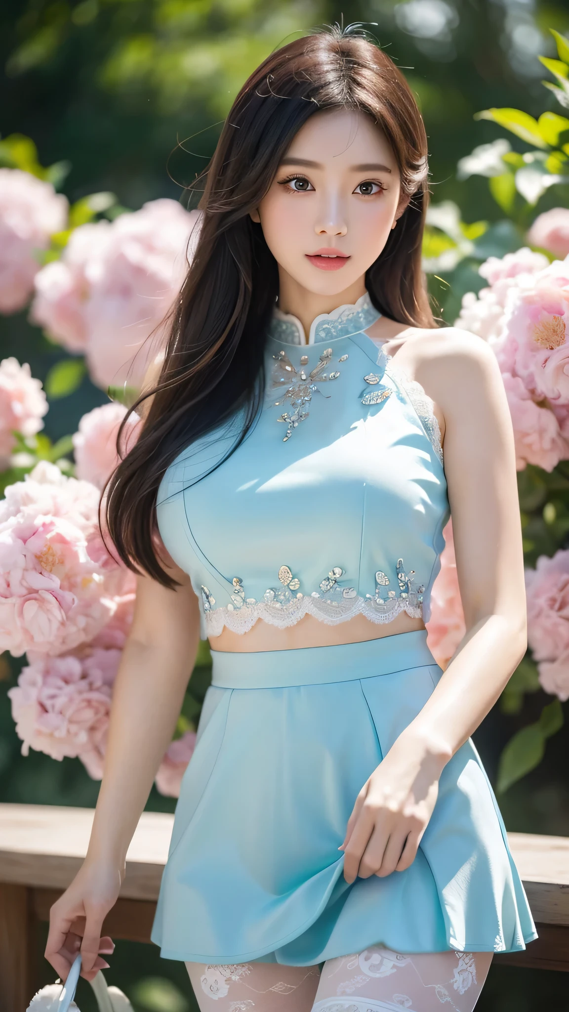 movie照片独奏,1 girl,,lace edge_skirt,Dichroism_pantyhose,big breasts,(colored hair:0.1),beautiful girl standing on flowers,Every detail on the face is perfect,The details of the characters are also exquisite..,fashion portrait,bright colors,cute background,panorama,Large Diameter,Making of bubble mart,Delicate luster,8K gradient translucent glass melt,Frosted glass,masterpiece, highest quality,, super real,lively,16k,high detail,High resolution ,movie, Bokeh, Professional, 4k, very detailed、Versatile gravure poses、