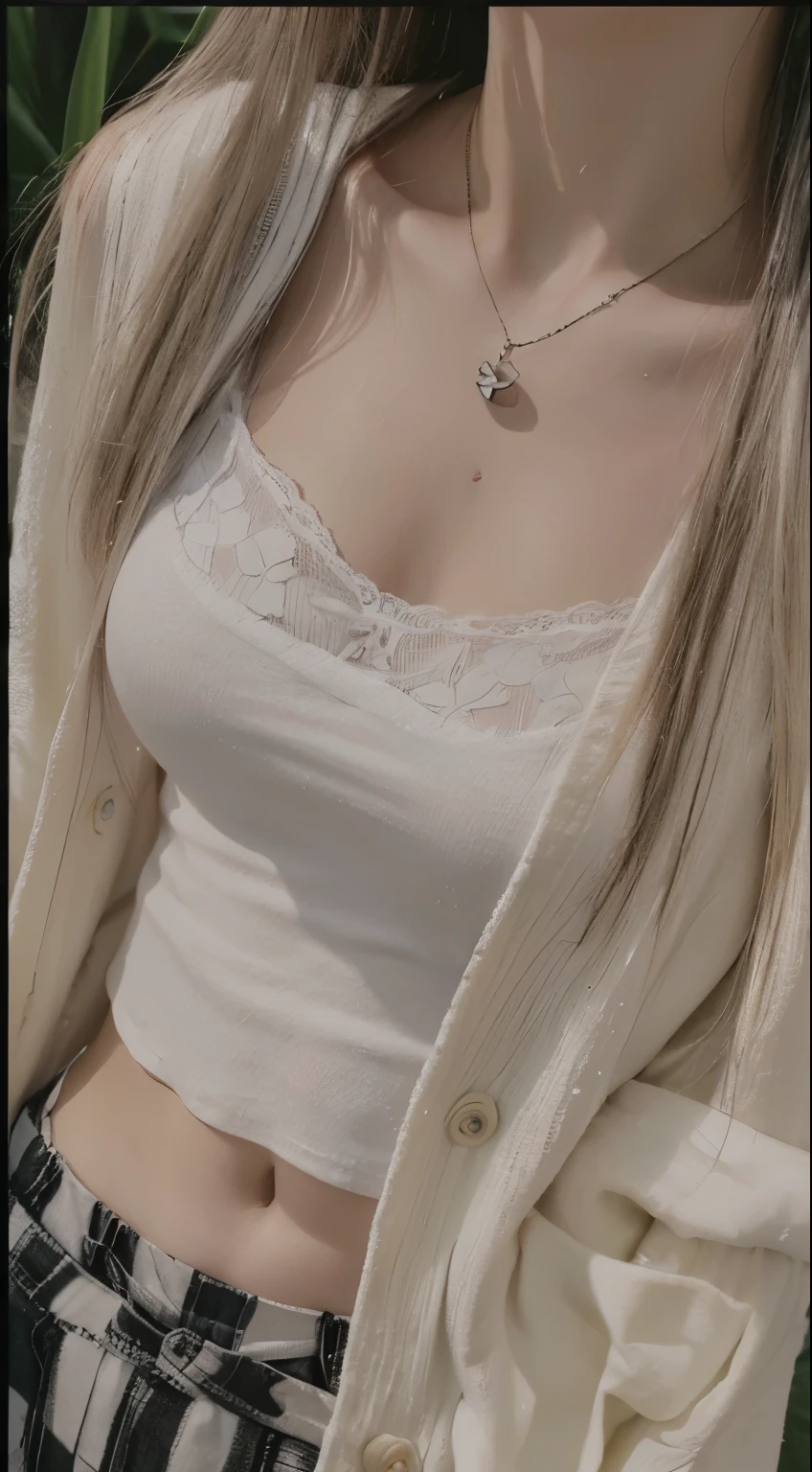 sexy body wet body, a close up of a woman wearing a white top and a black and white skirt, wearing white camisole, wearing a camisole, wearing a cute top, bralette, cute top, open v chest clothes, flower butterfly vest, wearing bra, wearing crop top, wearing tanktop, wearing a low cut tanktop, smooth tiny details