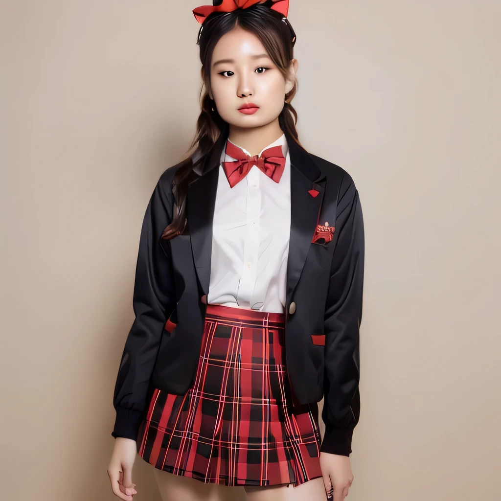 (((red bow tie, high school uniform:1.2, black jacket, open jacket, White shirt, red plaid skirt, seductive thighs))), Other details:White background:1.5, standing posture:1.2, beautiful skin, shiny skin, perfect fingers, five fingers, anatomically correct, background bokeh, 500㎜, F/4, photo