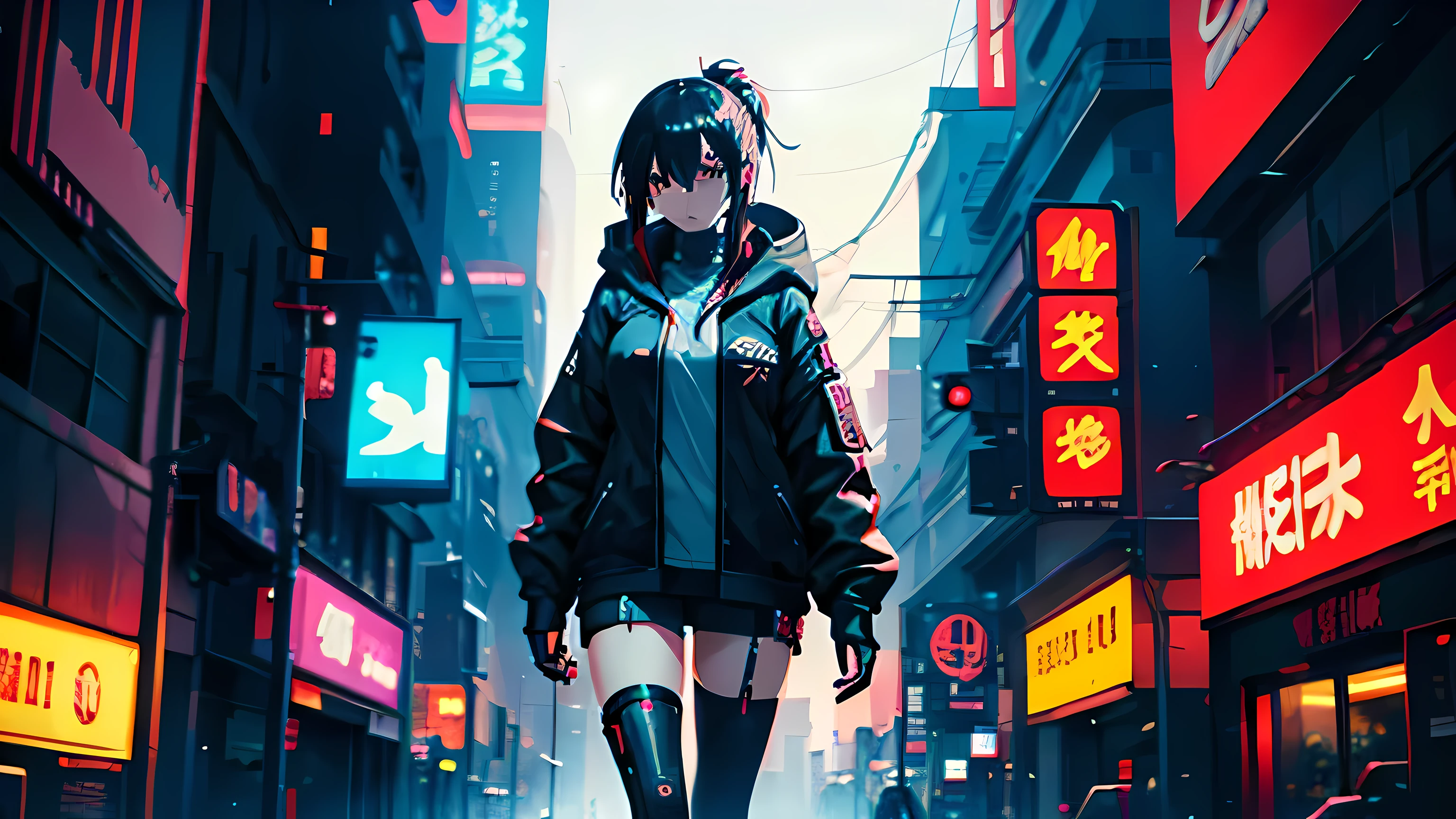 A woman wearing a black jacket standing in front of a neon street, anime style 4 k, modern cyberpunk anime, cyberpunk anime girl, anime cyberpunk art, cyberpunk anime art, Nightcore, anime cyberpunk, anime atmosphere, anime style. 8K, digital cyberpunk anime art, female cyberpunk anime girl, Digital Cyberpunk - Anime Art, cyberpunk anime girl in hoodie 全身