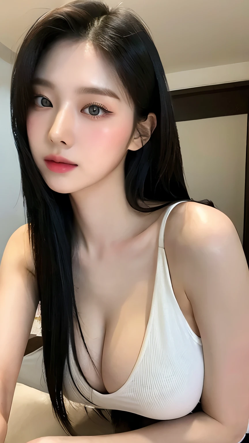 （lifelike， High resolution：1.3）， 1 Girl with perfect body， very detailed face and eyes，black hair, long hair， white tank top：1.2， big ，expose cleavage,　full body description,　exy pose
