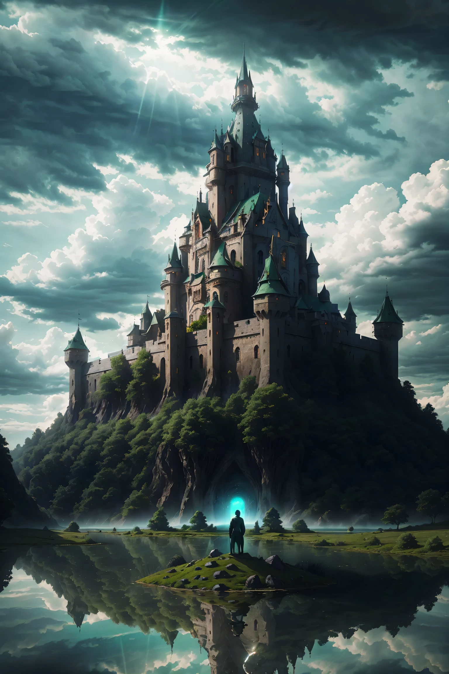 , giant medieval castle and epic lake, ((Reflection on surface of lake),,(mythical atmosphere),light is penetrating through clouds, magnificent clouds, green theme, epic castle and lake, in another planet