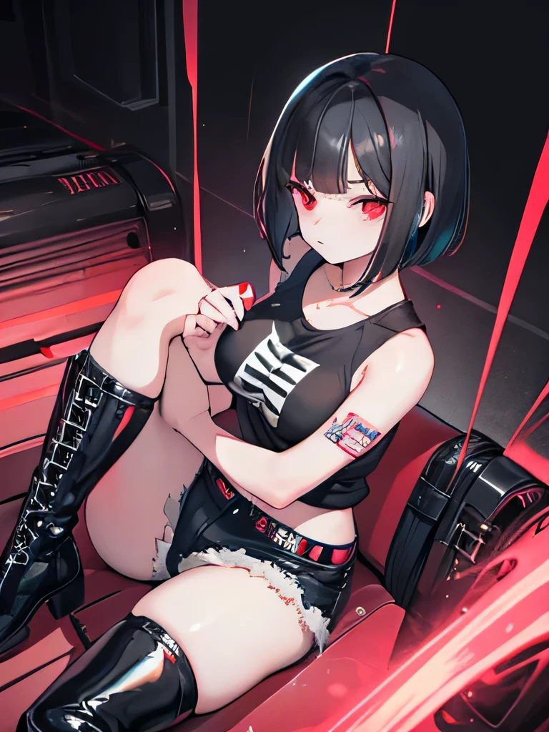 whole body,
girl,
dull bangs,
short hair,
big breasts,
black hair,
red eyes,
look away,
torn shorts,
punk,
sit,
get your knees up,
blow up bubblegum,
black leather boots,
night,
From above,
hand between legs,
alley,
psychedelic,