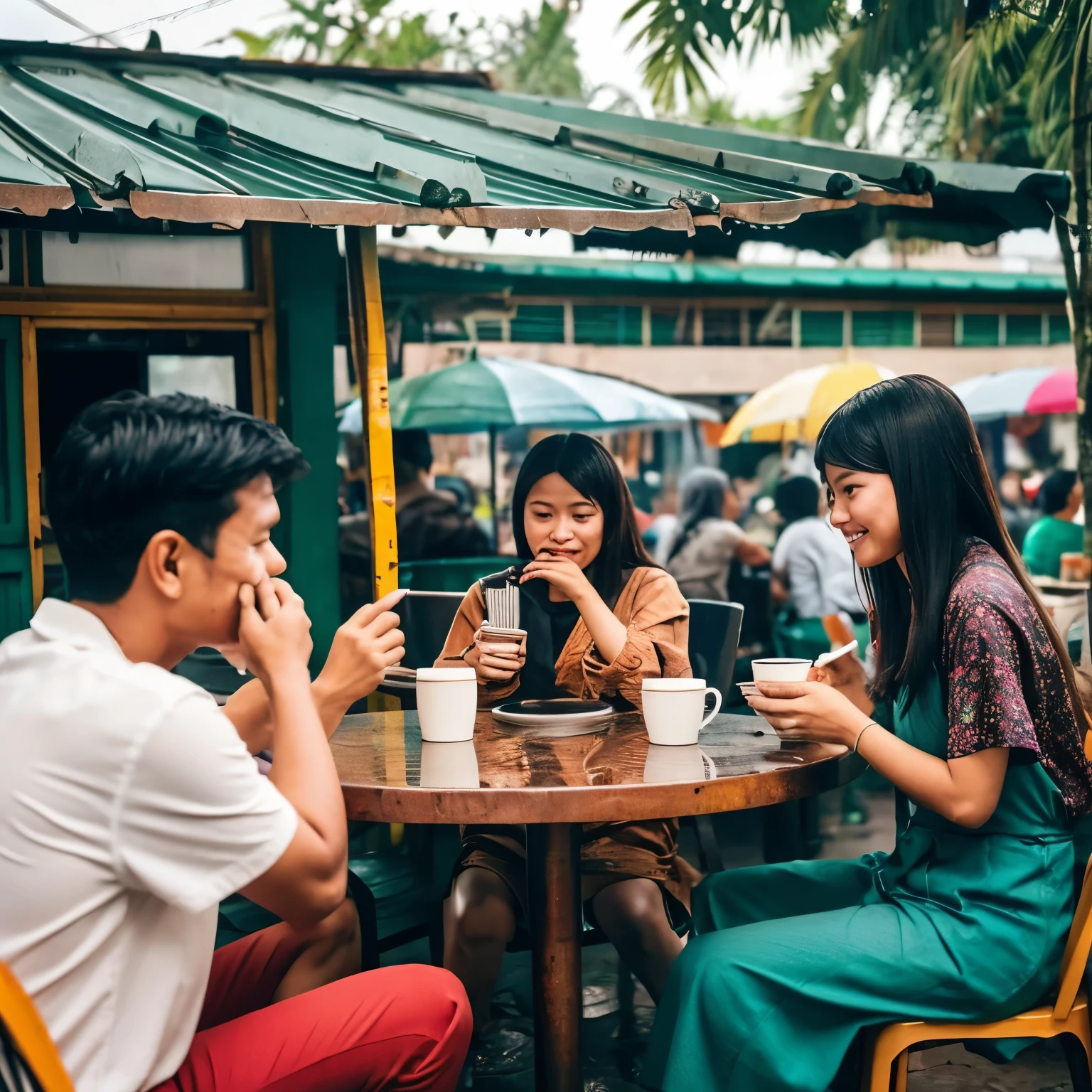 Indonesian people are having coffee at a warung while it's raining, with their friends