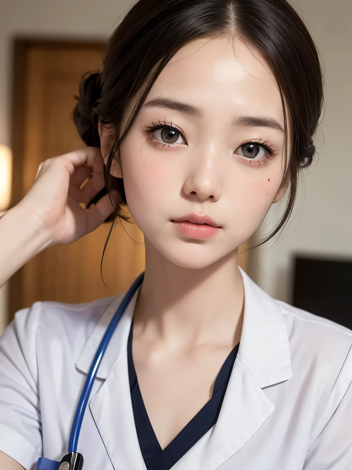 (masterpiece:1.3)、Super detailed finish、(High resolution、8k:1.3)、(highest quality)、(Super realistic like a photo:1.3)、correct limbs、anatomically correct, The face is in focus、close up on face:1.3、 ultra high definition face、Face is in focus、Ultra high definition and beautiful eyes、focused eyes、Eyes are symmetrical:1.3、High-definition and beautiful skin、firm skin、Ultra high definition hair texture、japanese woman、、very cute, half updo:1.3, nurse、nurse break (White nursing uniform、white nurse uniform:1.3),hospital room, (embarrassed:1.3), (blush:1.3), (Strange look:1.3), Mr.々shooting angle:1.3, looking at viewer, nsfw