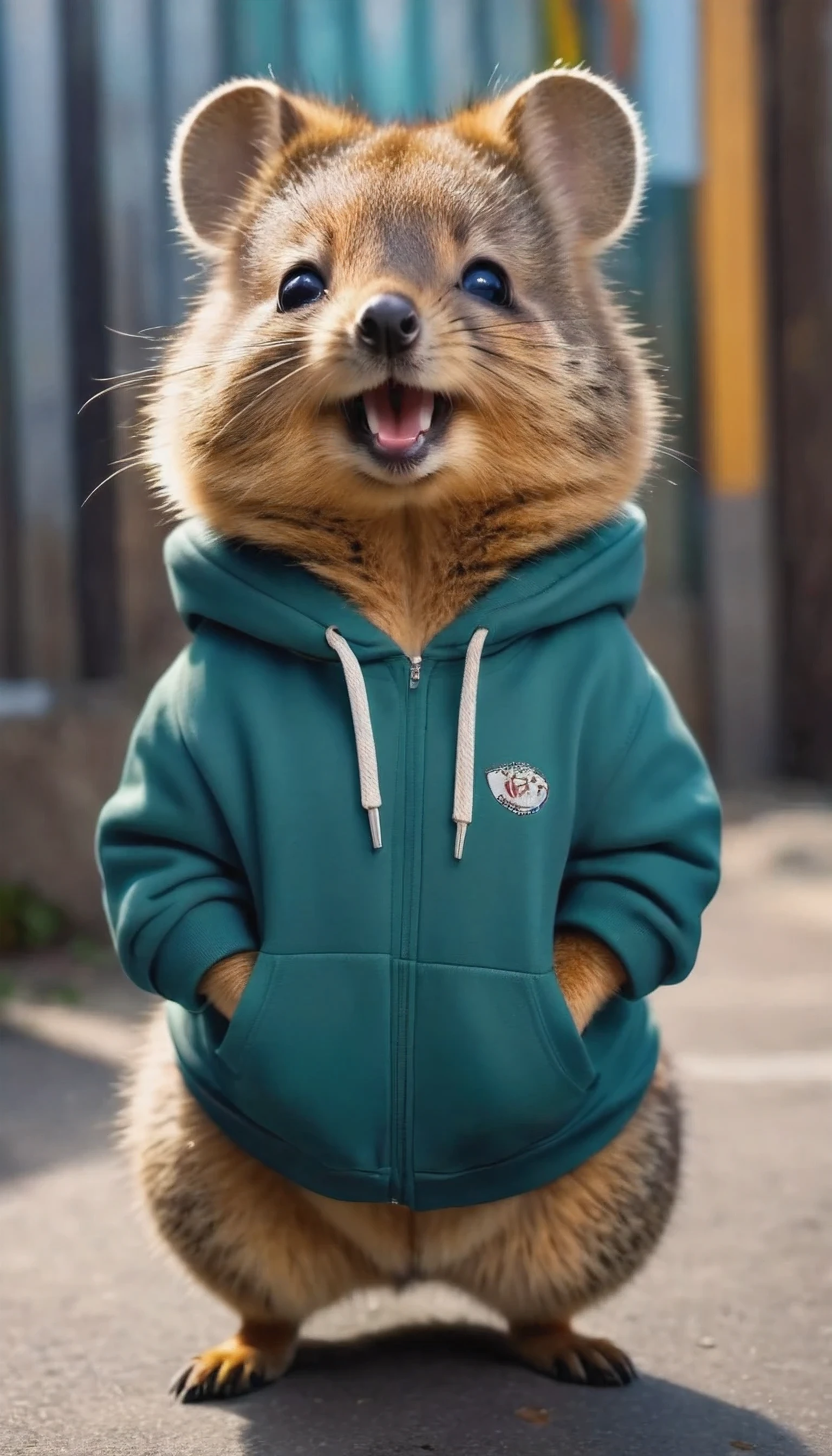 Perfect Centering, cute quokka, smile, put on a sweatshirt, wears dark glasses, cheerful, stand pose, Abstract beauty, In the center, facing the camera, getting closer to perfection, Dynamic, This is very detailed, smooth private parts, Focus is sharp, 8 k