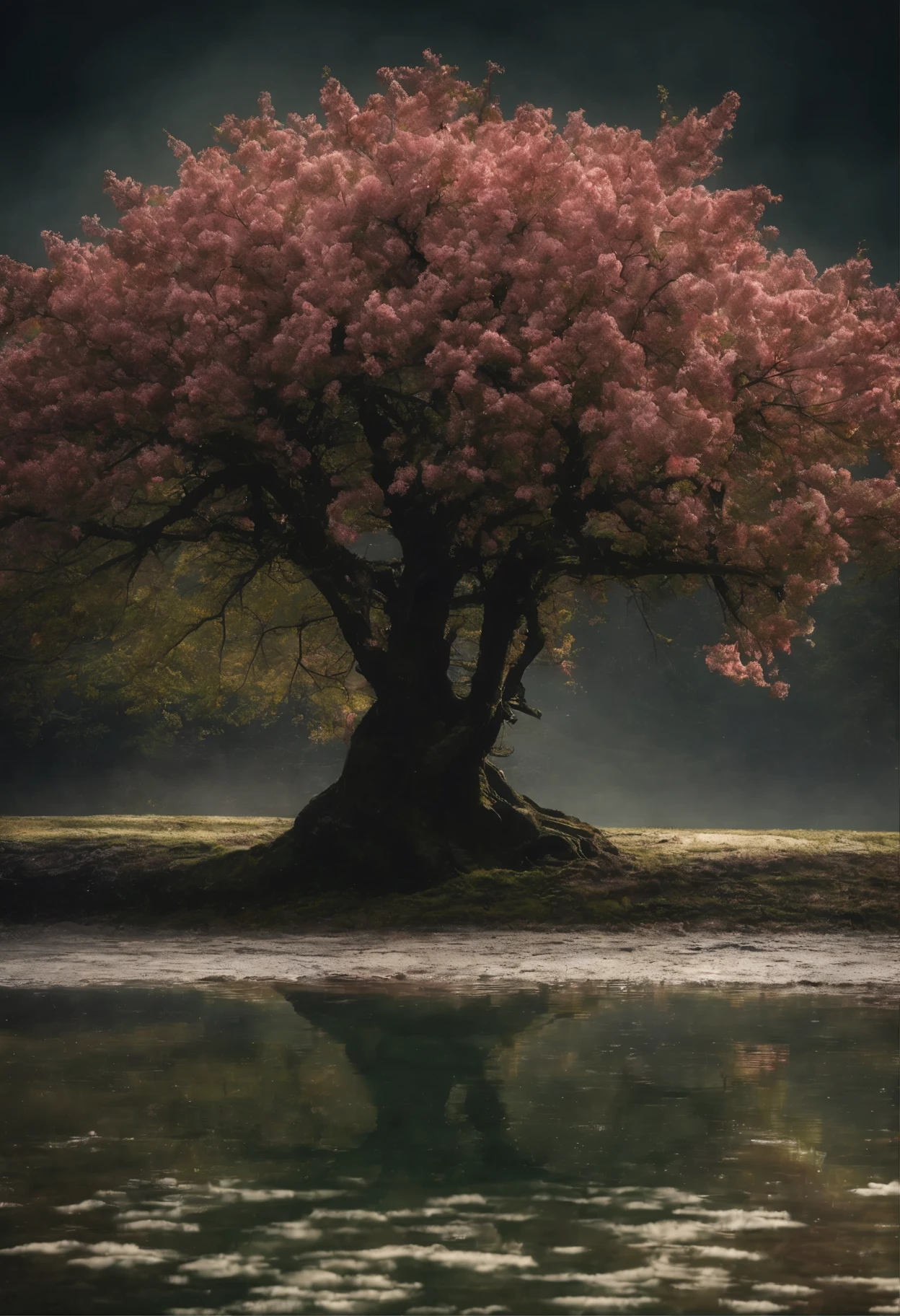 A blooming cherry tree on a dark night, Glowing sphere style, concept art, Joel Robinson, Forms of flow, ultra high definition images, Colorful watercolor painting, dark emerald green and light amber