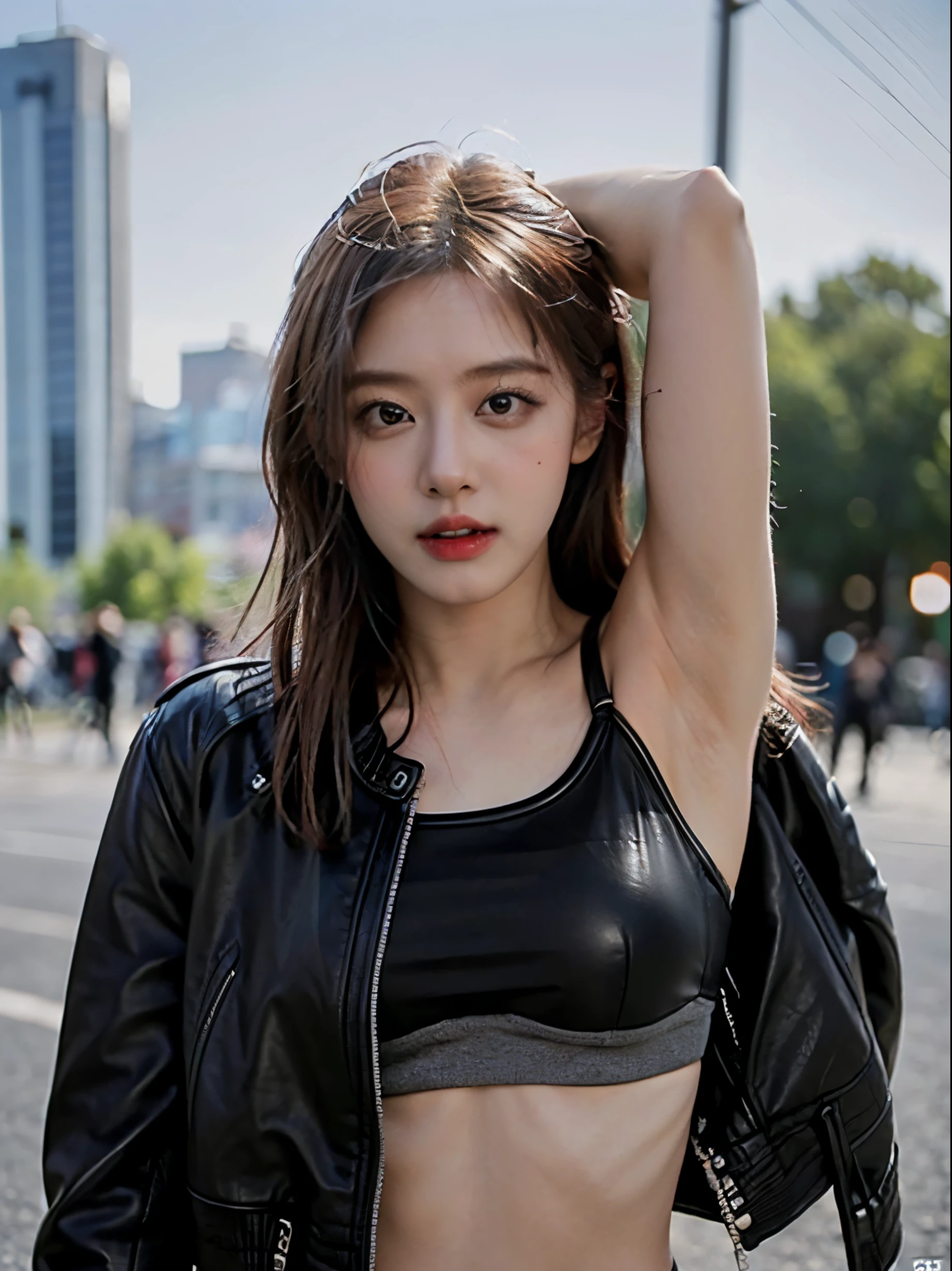 (masterpiece:1.2), 8k,(ultra-realsitic:1.37), in public park, f=1.8, daytime, blurred background, Korean porn actress dancing, (visible left armpit:1.5), face lights, Detailed face, (seductive face:1.5), (a black faux leather jacket:1.5), (grey sports bra under jacket:1.5)