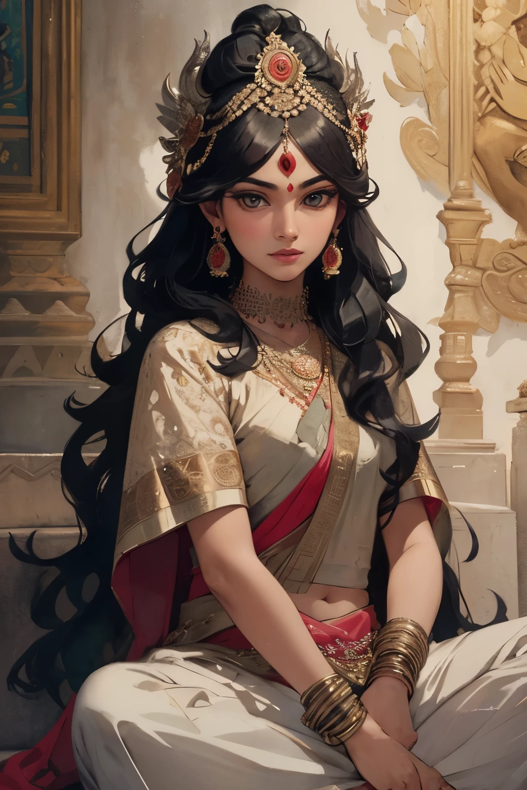 An arafe woman wearing traditional Indian costume sitting on a step, Gwaites style artwork, Portrait of a modern dharna, art germ detailed, art germ. anime illustration, IG model | art germ, beautiful fantasy empress, art germ portrait, art germ on artstation pixiv, extremely detailed art germ