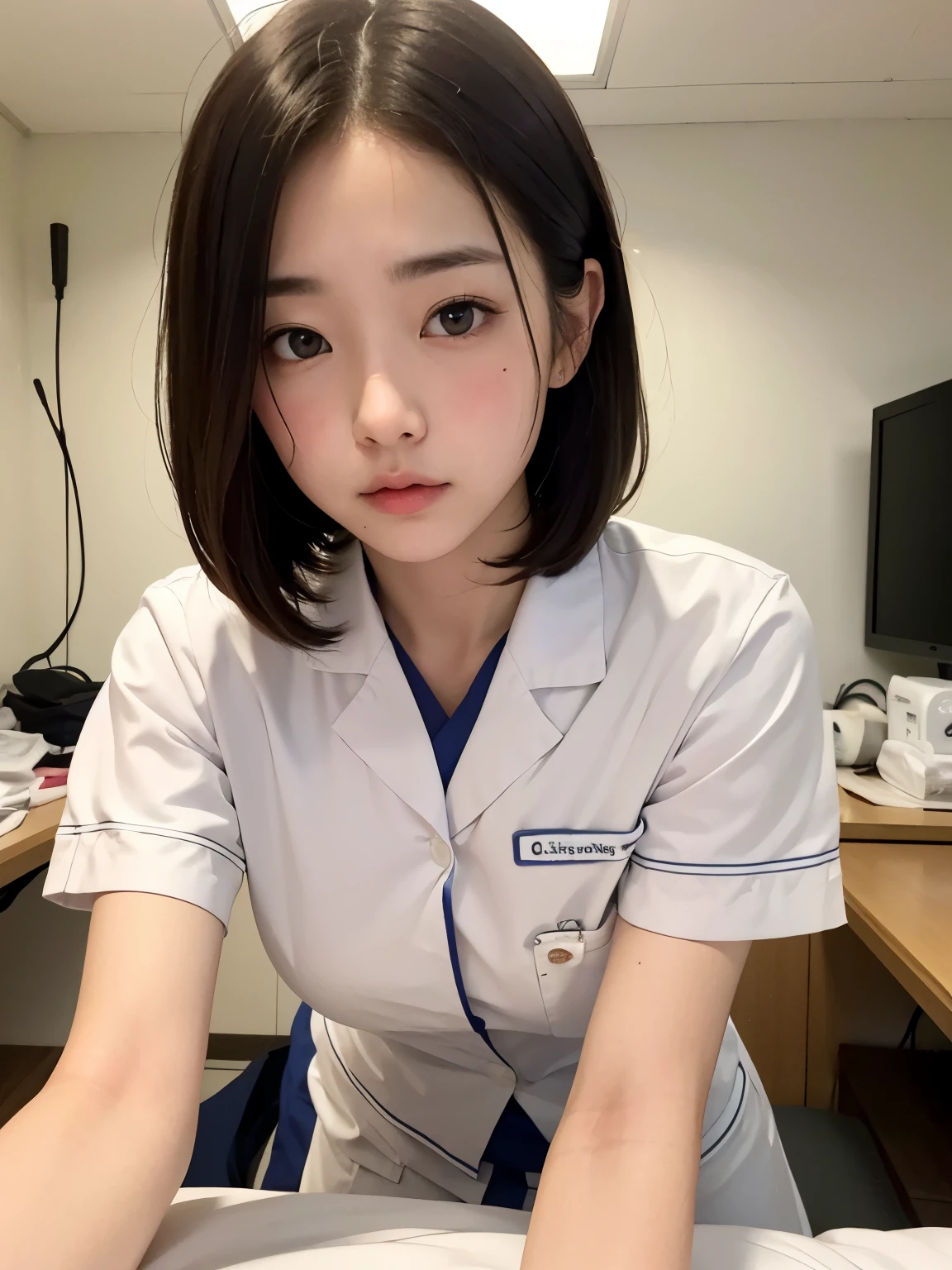 (masterpiece:1.3)、Super detailed finish、(High resolution、8k:1.3)、(highest quality)、(Super realistic like a photo:1.3)、correct limbs、anatomically correct, The face is in focus、close up on face:1.3、 ultra high definition face、Face is in focus、Ultra high definition and beautiful eyes、focused eyes、Eyes are symmetrical:1.3、High-definition and beautiful skin、firm skin、Ultra high definition hair texture、japanese woman、17 years old、very cute, short hair, nurse、nurse break (White nursing uniform、white nurse uniform:1.3),hospital room, small breast, (embarrassed:1.3), (blush:1.3), (Strange look:1.3), Mr.々shooting angle:1.3, looking at viewer, nsfw