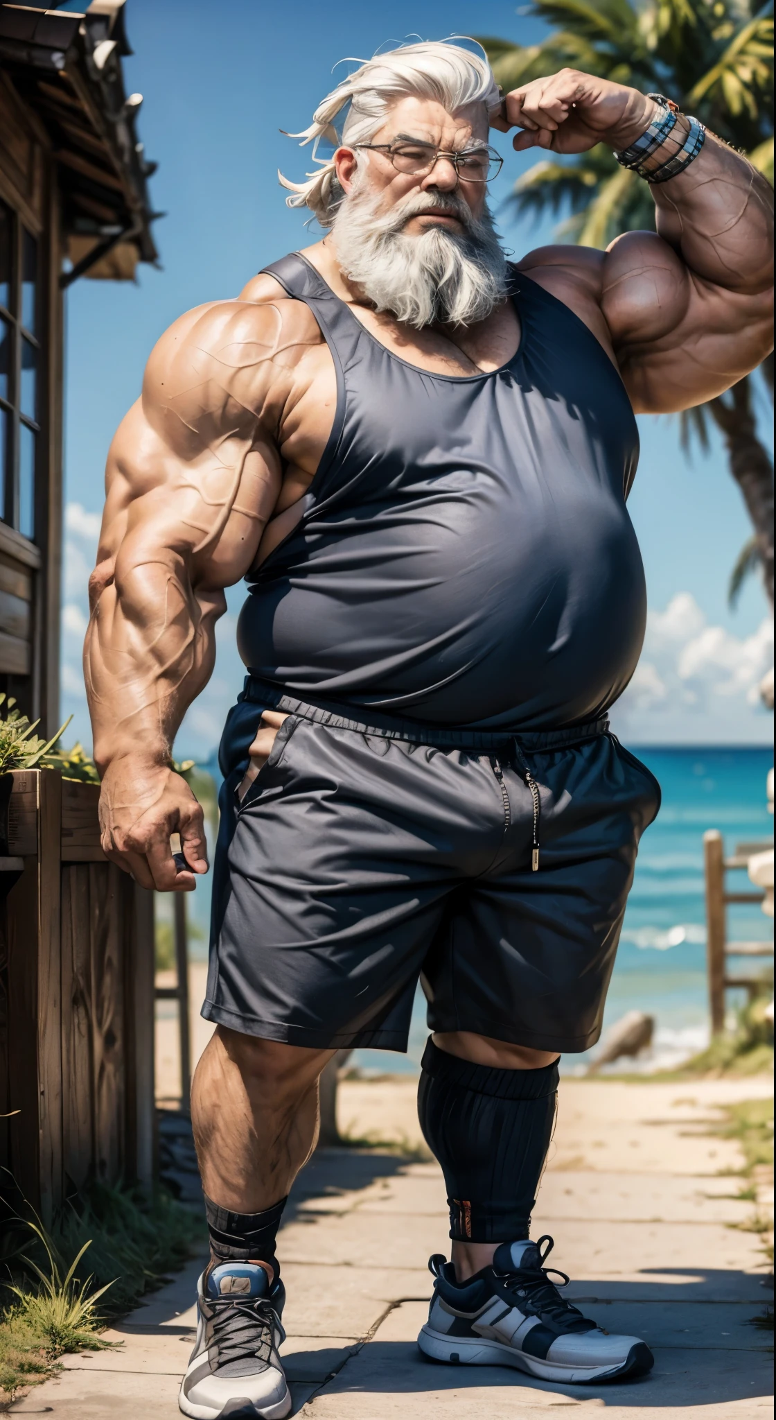 chubby old man in , old man, thick arm, huge arm, bearded. white hair and beard, bearded, muscular, pectoral, wide pectoral, realistic, 8k, masterpiece, (wearing shorts and tank top, shoes)