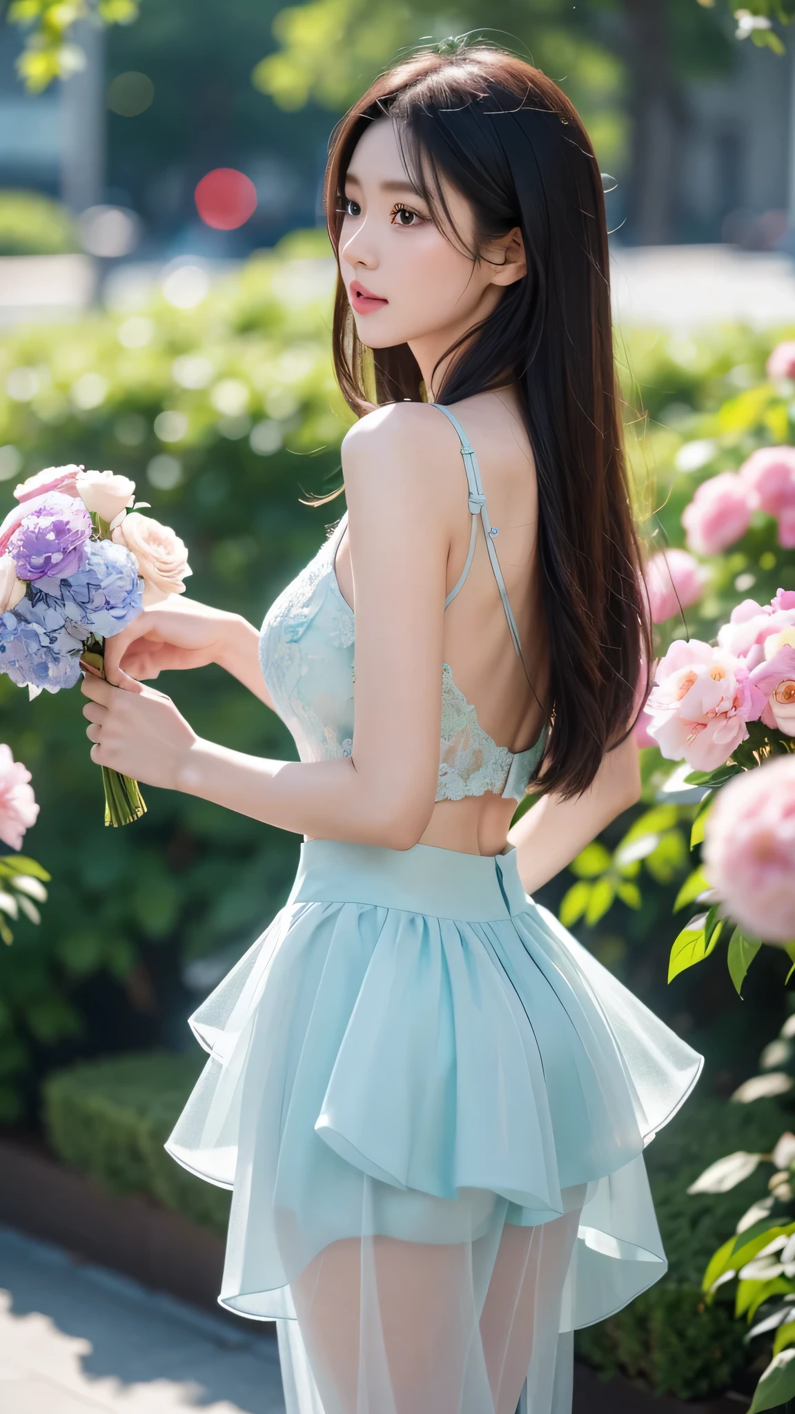 movie照片独奏,1 girl,,lace edge_skirt,Dichroism_pantyhose,big breasts,(colored hair:0.1),beautiful girl standing on flowers,Every detail on the face is perfect,The details of the characters are also exquisite..,fashion portrait,bright colors,cute background,panorama,Large Diameter,Making of bubble mart,Delicate luster,8K gradient translucent glass melt,Frosted glass,masterpiece, highest quality,, super real,lively,16k,high detail,High resolution ,movie, Bokeh, Professional, 4k, very detailed、Rear view、