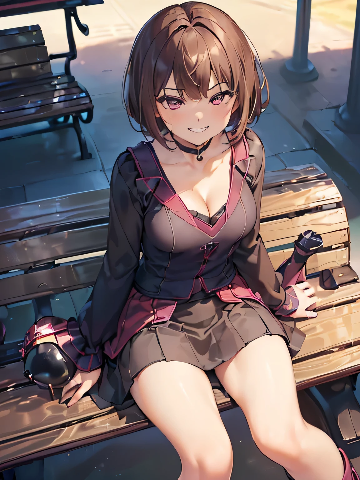 A woman is sitting alone on a bench、(The skirt is too short and you can see my pants.:1.8)、(Please show me a photo from a little above..:1.8)
(I'A man wearing a navy long-sleeved V-neck knit:1.u can almost see her cleavage from the V-neck:1.5)、(I'ワインレッドのフレアミニスカートを着ているI:1.8)、(I am wearing beautiful black boots that are just below the knee.:1.8)、(Pants with flashy colors and patterns:1.2)、
(woman has short brown hair:1.5), shining eyes, (A provocative grin:1.5),
(The location is an amusement park bench..:1.8)、
highest quality, High resolution, realistic pictures, realistic skin,