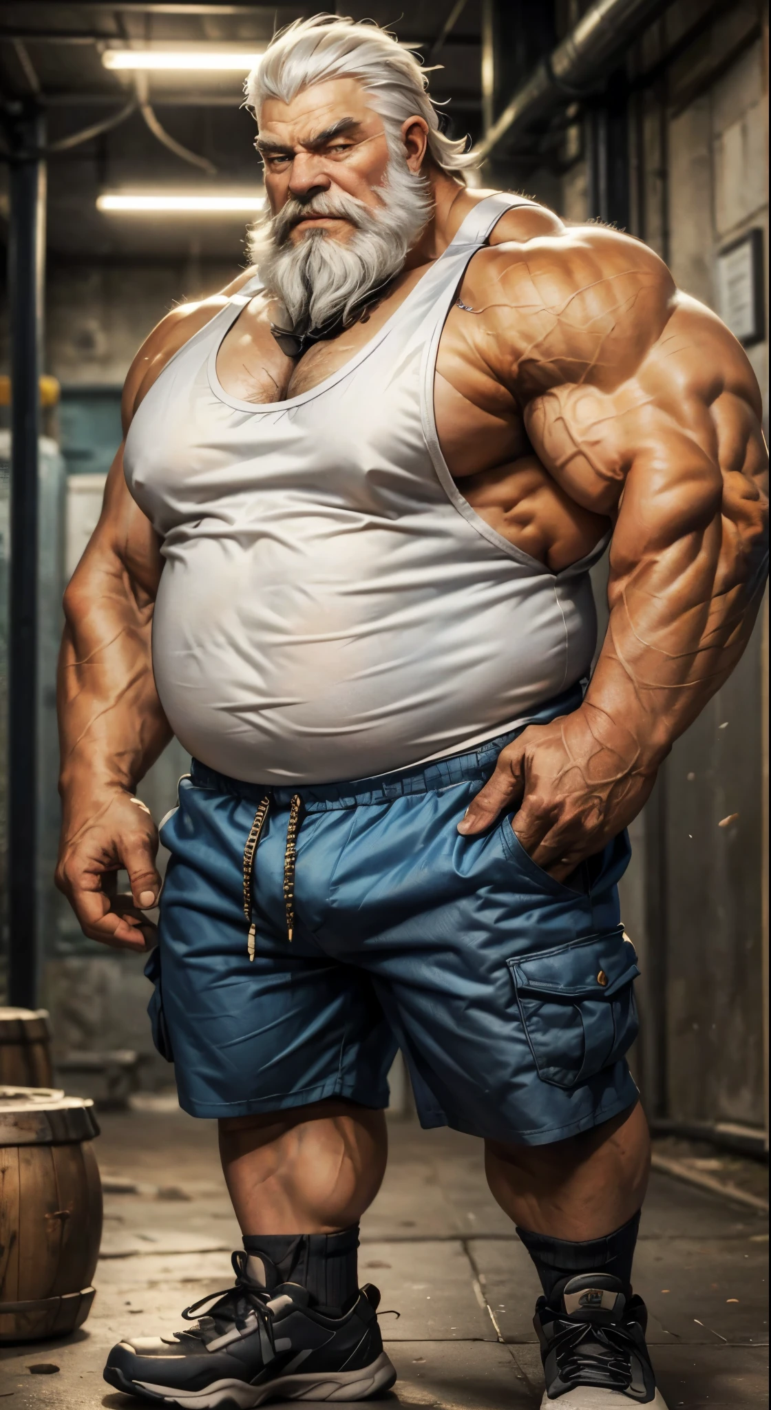 chubby old man in , old man, thick arm, huge arm, bearded. white hair and beard, bearded, muscular, pectoral, wide pectoral, realistic, 8k, masterpiece, (wearing shorts and tank top, shoes)