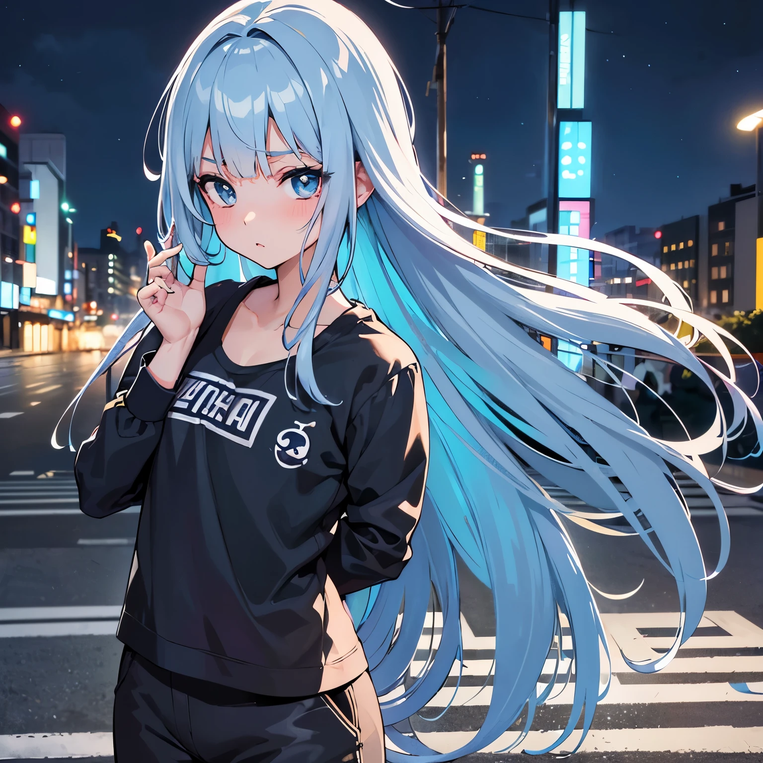 (8k, Foto CRU, mesa:1.3), (realista, Photorealistic:1.37), (noite), (olhando para o espectador:1.331), (cabelo branco), posando, It's Tokyo Street, paisagem urbana noturna, Cidade ciberpunk, Luz suave, 1 garota em, rosto extremamente lindo, busto, put your hands down, random hairstyle, Random Expression, olhos grandes, lower abdomen, (manga curta .nffsw_camisa), nffsw_estilo, (azul escuro ajc_saia), (rainbow_gravata), misturar4., Melhor qualidade