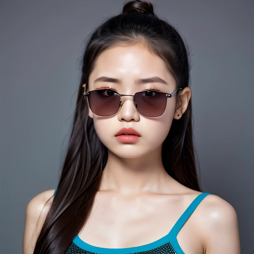 (best quality, masterpiece:1.2), ID photo of a -yeld Chse girl, sportswear, camisole,Pure cotton,gray background, Surrealism, ultra high definition, textured skin, high detail,facing the camera, 8K crocodile skeleton(((platinum marble sunglasses)))