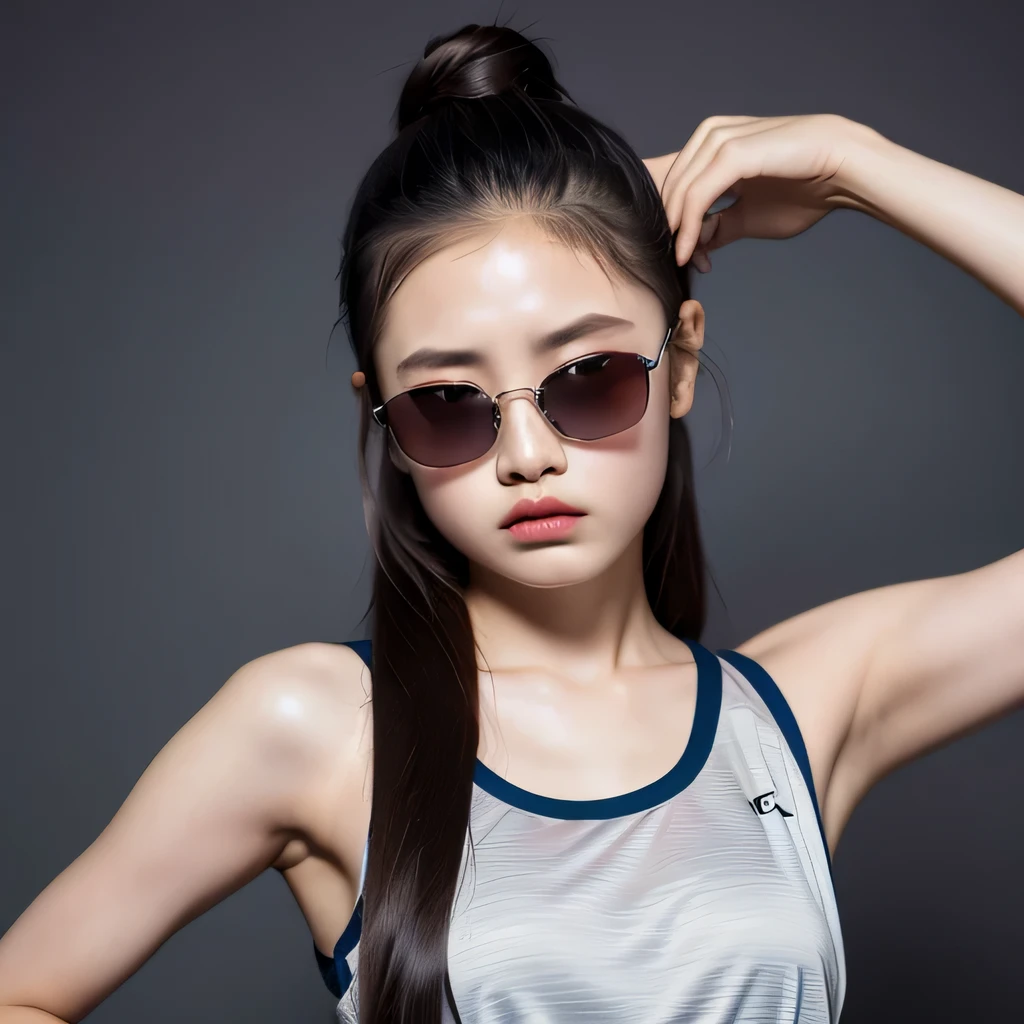 （best quality, masterpiece：1.2）, ID photo of a -yeld Chse girl, sportswear, camisole，Pure cotton，gray background, Surrealism, ultra high definition, textured skin, high detail，facing the camera, 8K crocodile skeleton（（（platinum marble sunglasses）））