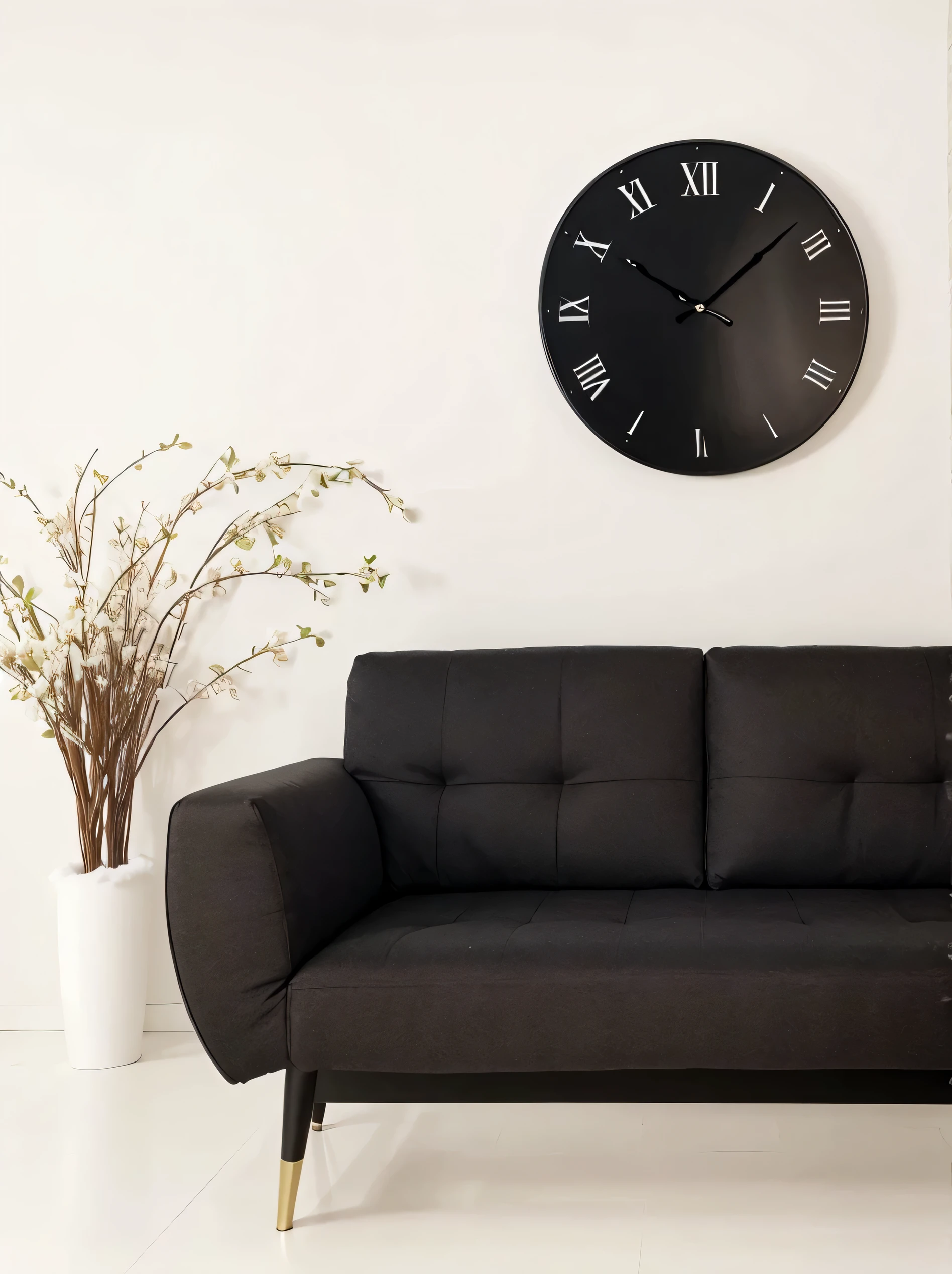 Snow-white sofa, round wall clock, really,  high quality,  HD, detailed 