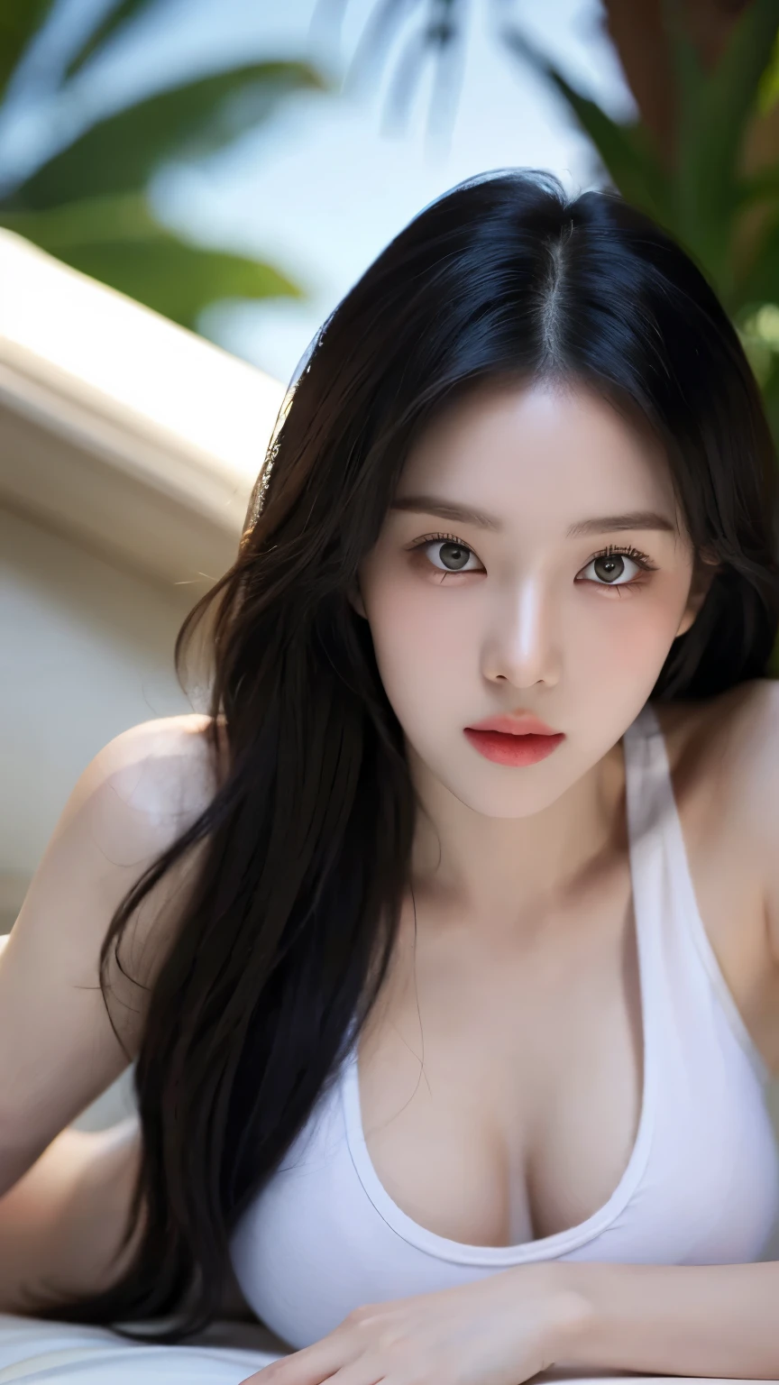 （lifelike， High resolution：1.3）， 1 Girl with perfect body， very detailed face and eyes，black hair, long hair， white tank top：1.2， big ，expose cleavage,　full body description:(1.5),　sexy pose
