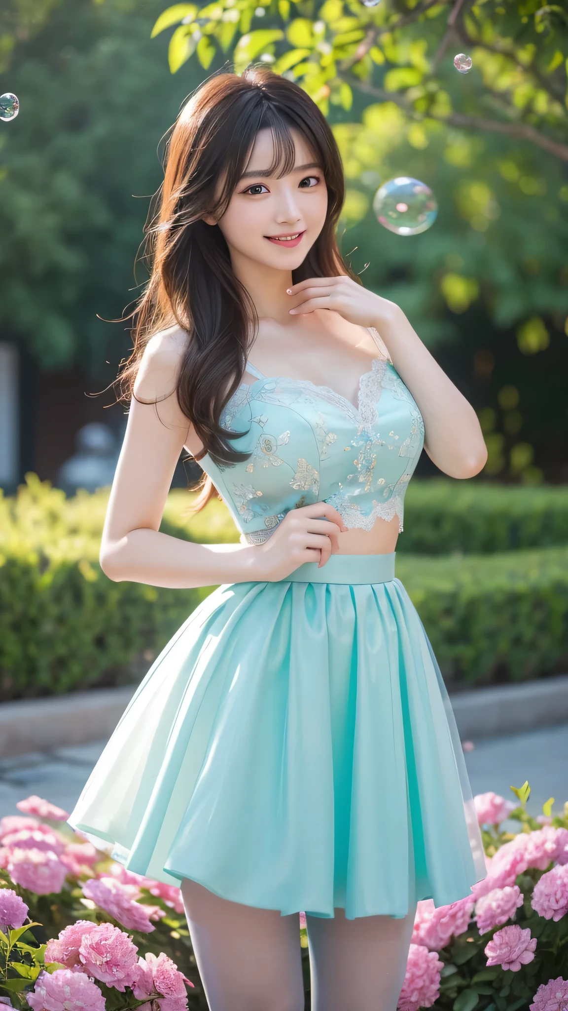 movie照片独奏,1 girl,,lace edge_skirt,Dichroism_pantyhose,big breasts,(colored hair:0.1),beautiful girl standing on flowers,Every detail on the face is perfect,The details of the characters are also exquisite..,fashion portrait,bright colors,cute background,panorama,Large Diameter,Making of bubble mart,Delicate luster,8K gradient translucent glass melt,Frosted glass,masterpiece, highest quality,, super real,lively,16k,high detail,High resolution ,movie, Bokeh, Professional, 4k, very detailed、laughter、smile、smile、