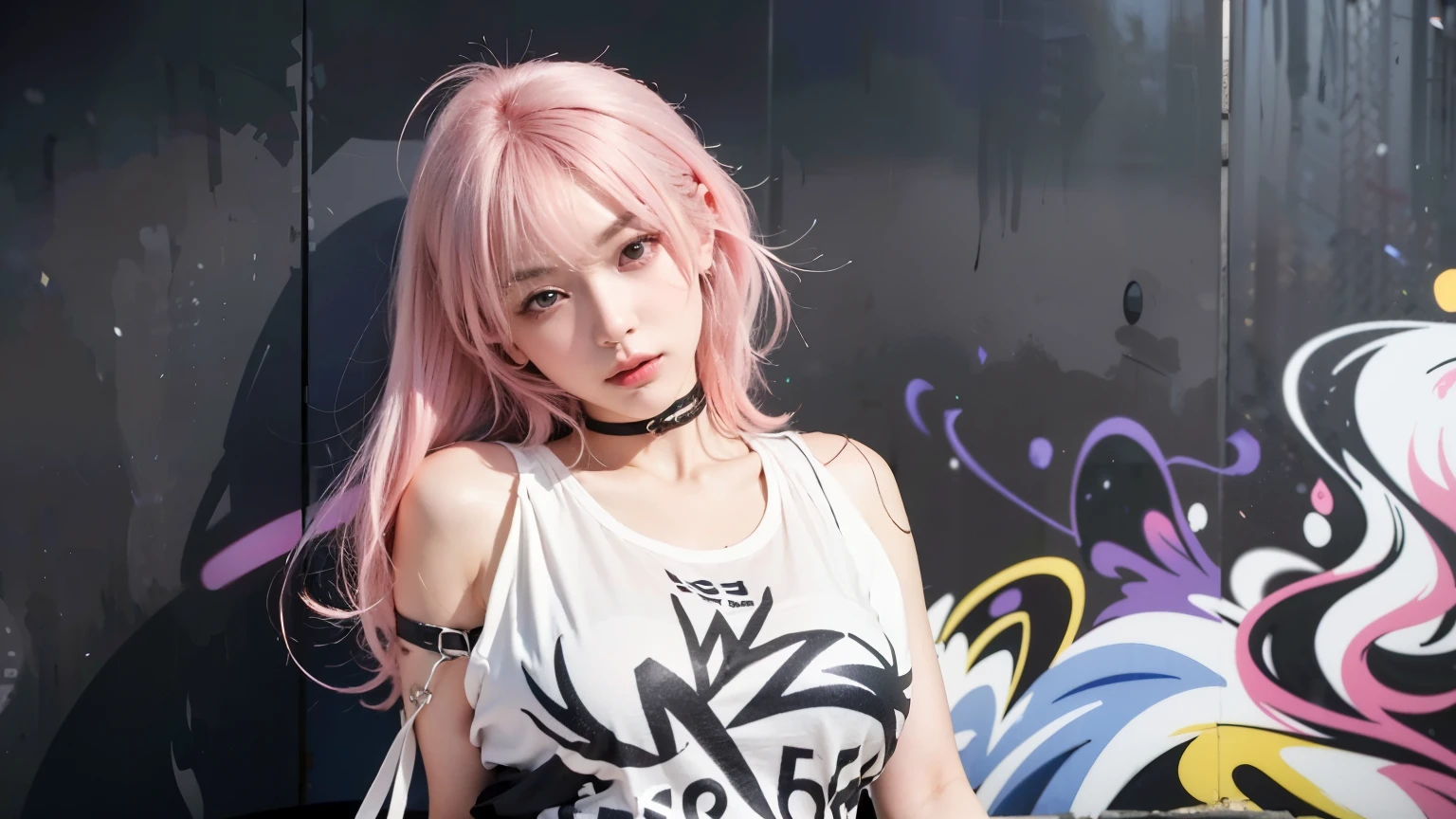 anime girl with pink hair and white tank top standing in front of graffiti, seductive anime girl, female anime character, anime character, detailed anime character art, anime style character, anime style. 8k, anime style 4 k, official character art, an anime girl, style anime, anime moe artstyle, anime character art, anime visual of a young woman, official artwork