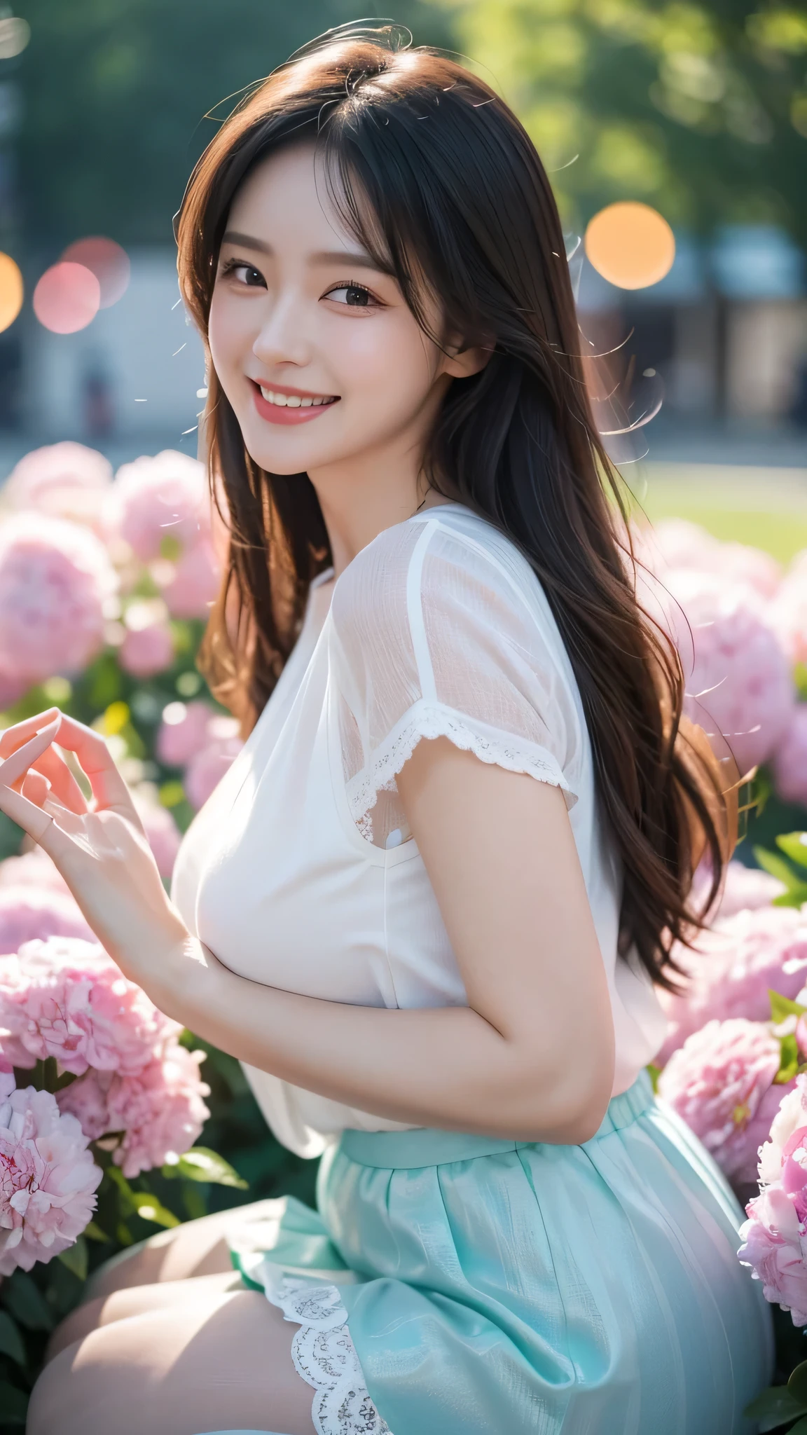 movie照片独奏,1 girl,,lace edge_skirt,Dichroism_pantyhose,big breasts,(colored hair:0.1),beautiful girl standing on flowers,Every detail on the face is perfect,The details of the characters are also exquisite..,fashion portrait,bright colors,cute background,panorama,Large Diameter,Making of bubble mart,Delicate luster,8K gradient translucent glass melt,Frosted glass,masterpiece, highest quality,, super real,lively,16k,high detail,High resolution ,movie, Bokeh, Professional, 4k, very detailed、squat。close up of face、laughter、smile、smile、