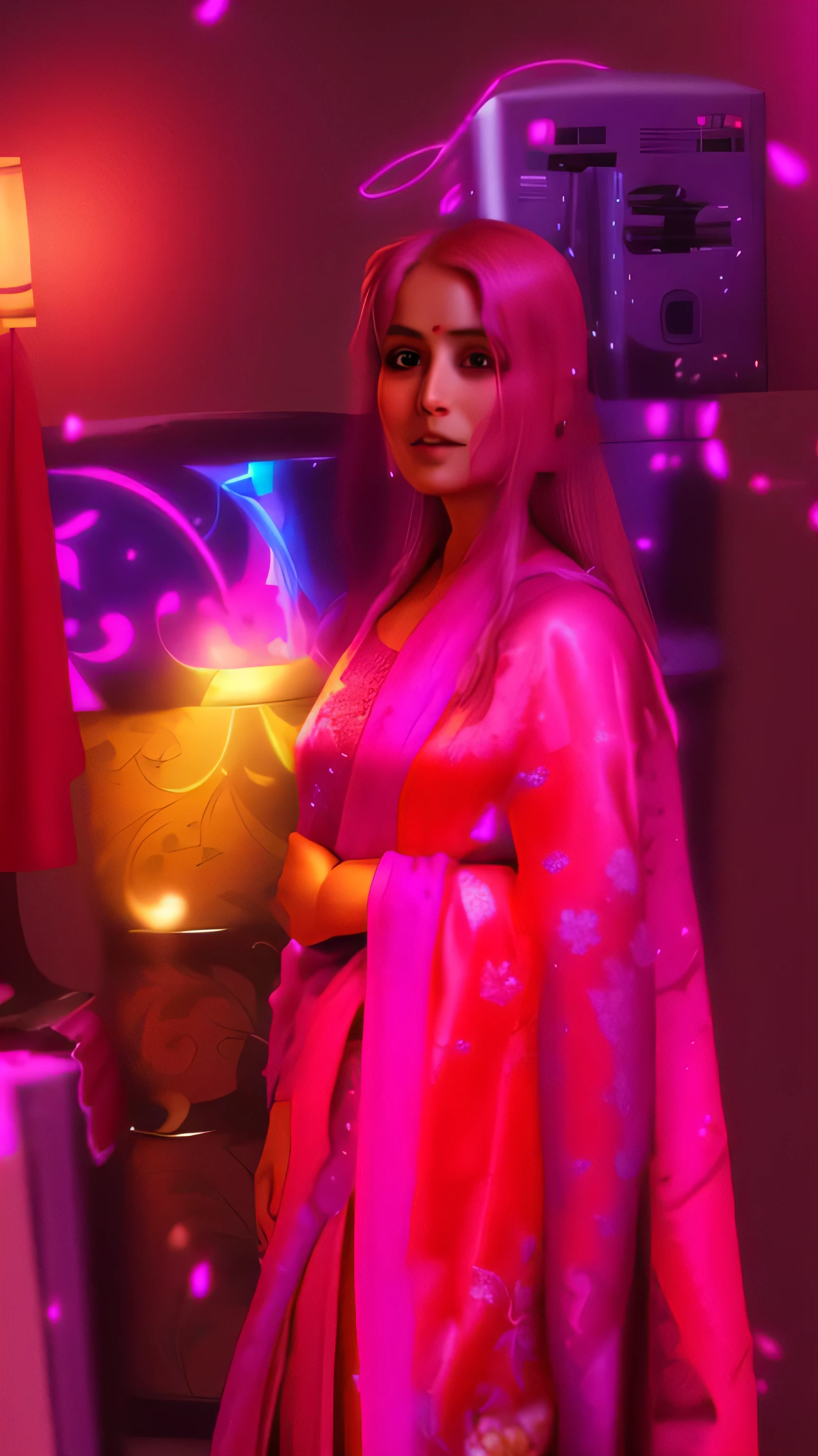 woman in pink dress standing in front of a television in a room, wearing a luxurious silk cloak, wearing bihu dress mekhela sador, dressed in a sari, wearing pink floral chiton, wearing jedi robes and a sari, wearing fuchsia silk robe, very very low quality picture, wearing a long flowing robe, wearing a silk kurta