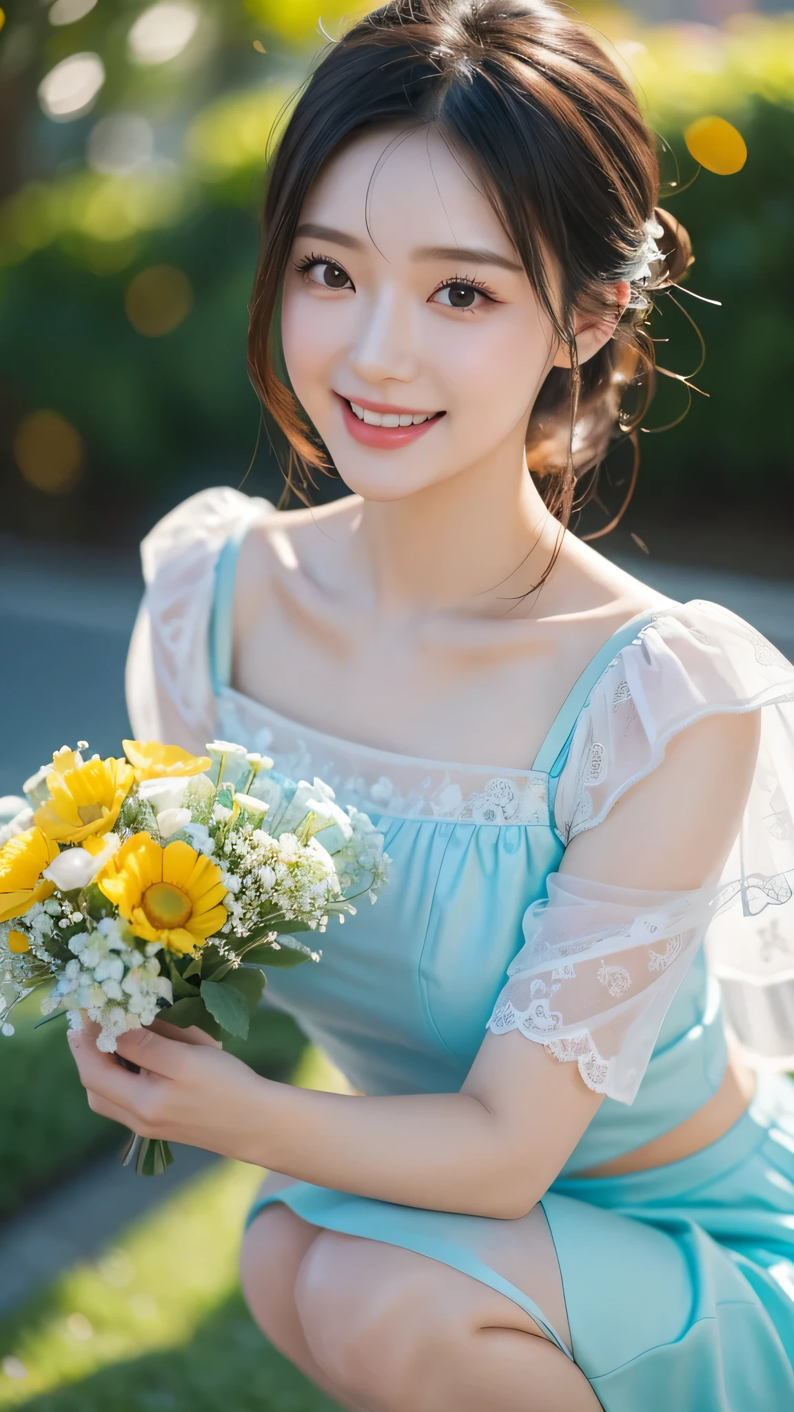 movie照片独奏,1 girl,,lace edge_skirt,Dichroism_pantyhose,big breasts,(colored hair:0.1),beautiful girl standing on flowers,Every detail on the face is perfect,The details of the characters are also exquisite..,fashion portrait,bright colors,cute background,panorama,Large Diameter,Making of bubble mart,Delicate luster,8K gradient translucent glass melt,Frosted glass,masterpiece, highest quality,, super real,lively,16k,high detail,High resolution ,movie, Bokeh, Professional, 4k, very detailed、squat。close up of face、laughter、smile、smile、