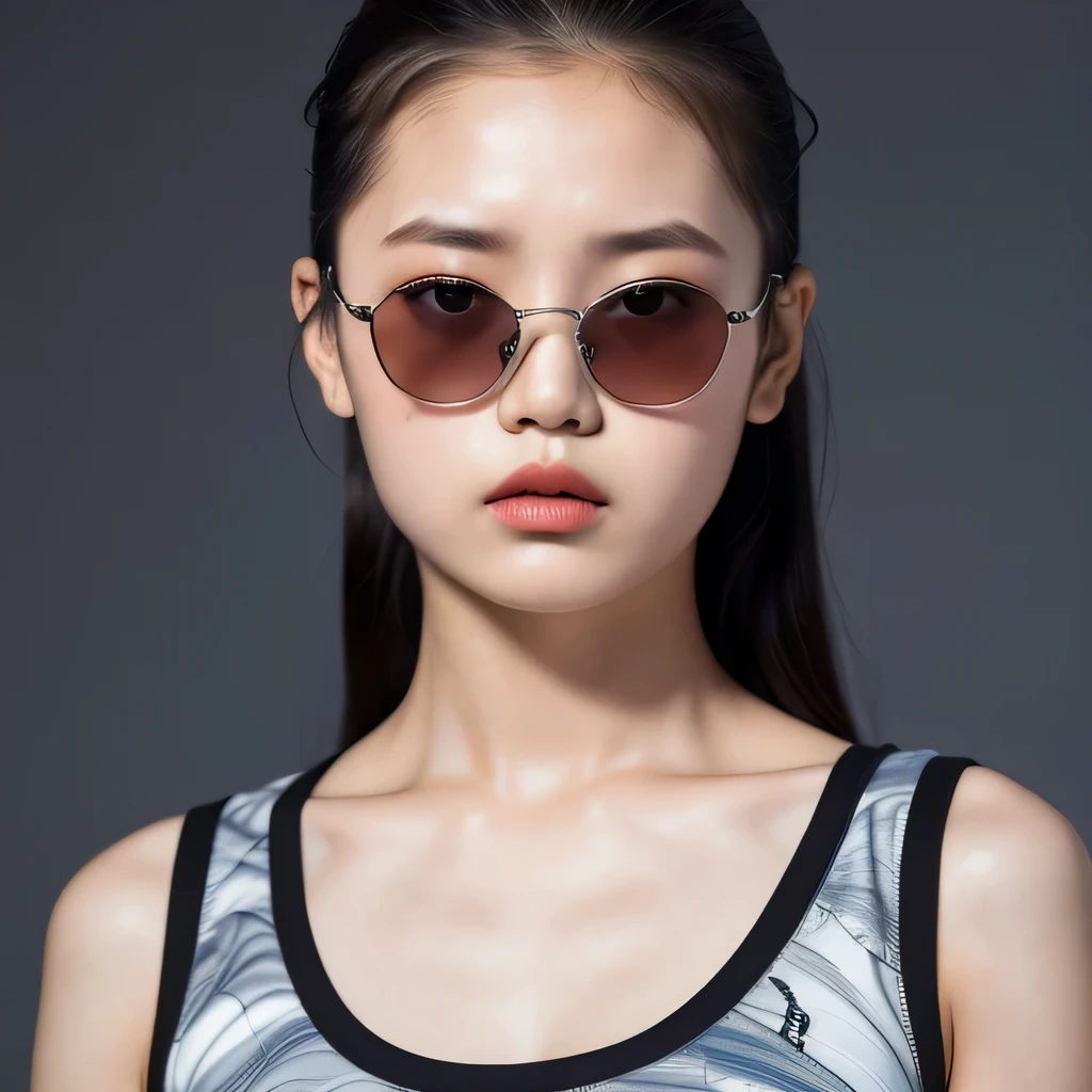 (best quality, masterpiece:1.2), ID photo of a 13-year-old Chinese girl, sportswear, camisole,Pure cotton,gray background, Surrealism, ultra high definition, textured skin, high detail,facing the camera, 8K crocodile skeleton(((platinum marble sunglasses)))