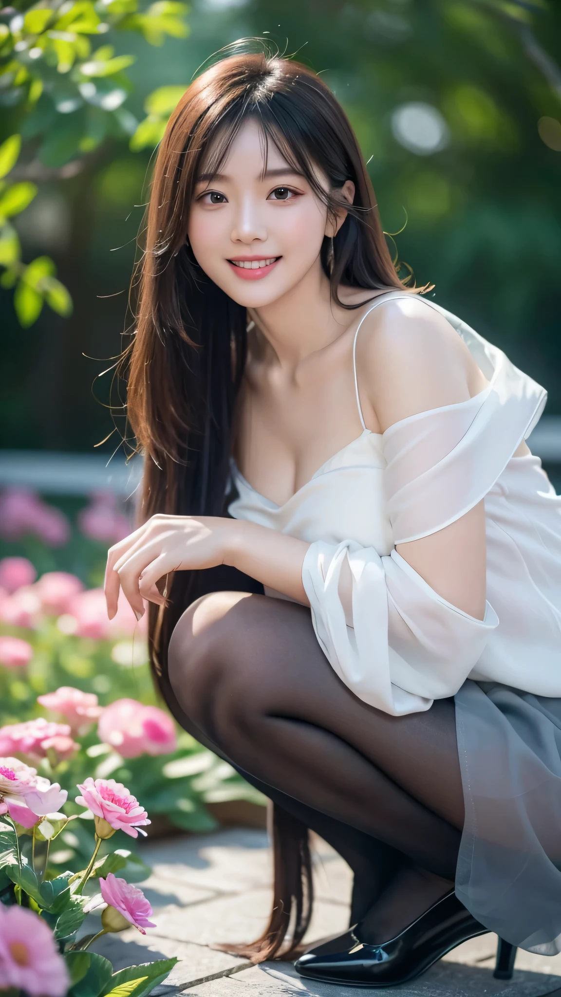 High definition,high qulity,25-year-old Chinese girl,8K,big breasts body(plumw),((Natural expression)),white dresses,Sony lens,Flat viewing angle,With a smile,On a park bench,The neckline opens wide to reveal the white one(breastsout),Long hair with a shawl,Raised sexy,Tempting(lewd poses),Master masterpieces
