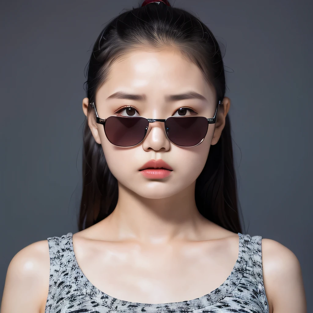 （best quality, masterpiece：1.2）, ID photo of a 13-year-old Chinese girl, sportswear, camisole，Pure cotton，gray background, Surrealism, ultra high definition, textured skin, high detail，facing the camera, 8K crocodile skeleton（（（platinum marble sunglasses）））