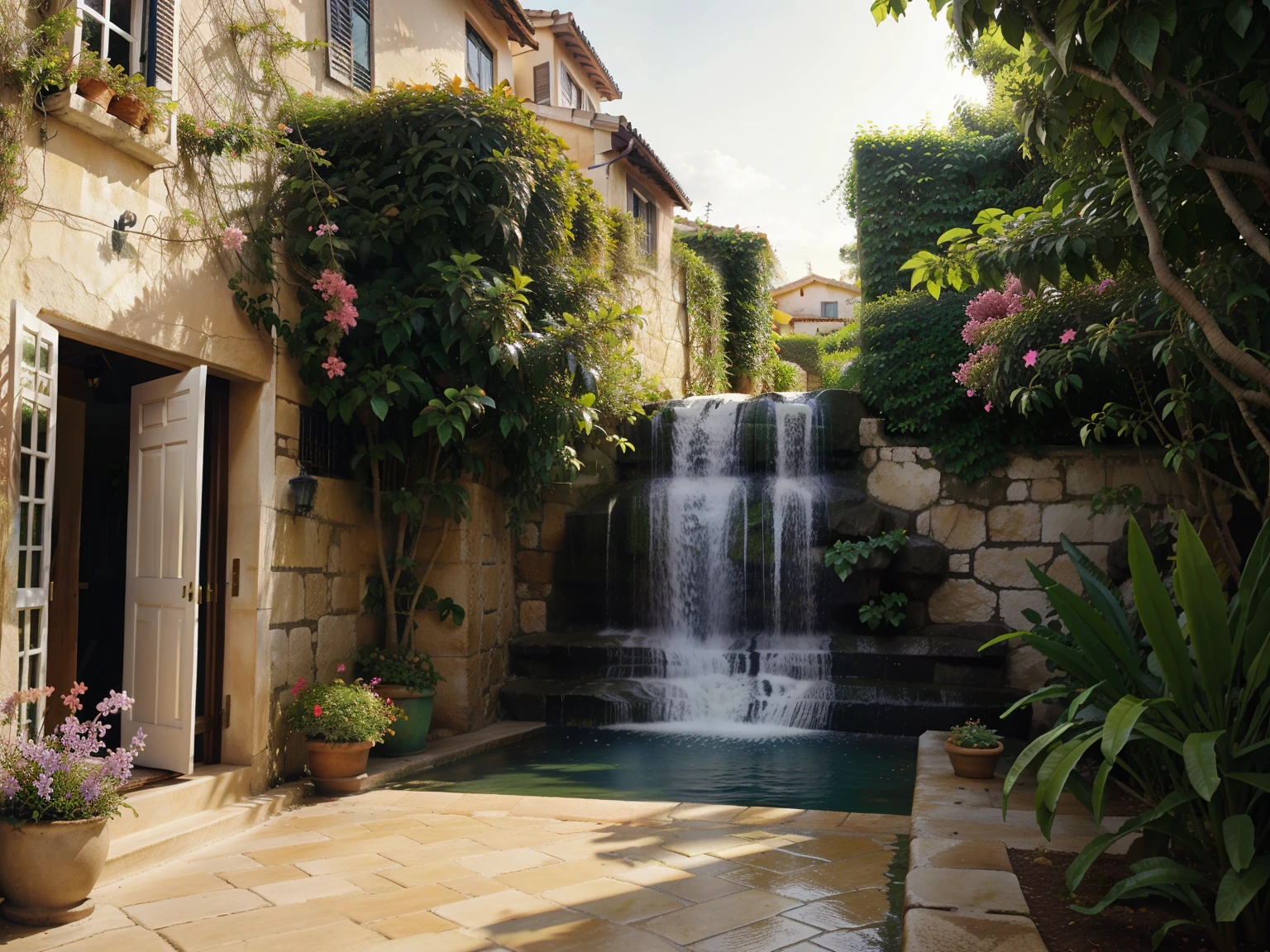 realistic style photos, garden landscaping, exotic plants, bougainvillea and wisteria, flowering shrubs, natural waterfalls, Mediterranean style