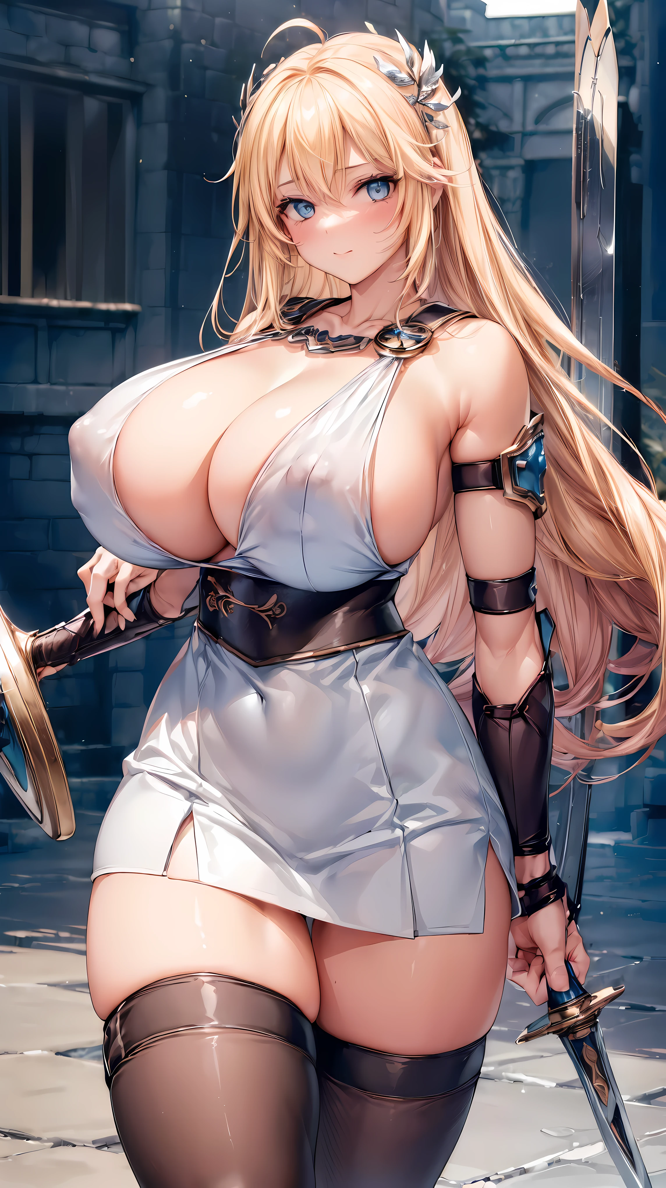 sensual, long blonde hair, thick thighs, 8K, 4k, highest quality, (High resolution:1.6), cute anime face, noise reduction, (shining blue eyes, gentle smile, kind eyes)、toned abdominal muscles, muscular arms, muscular legs, young face, anime eyes, Sophitia Alexandra、(holding a sword in the right hand:1.5)、(Equipped with a shield on the left arm:1.5)、(SFW huge body:1.8)、knee high tights、beautiful hands