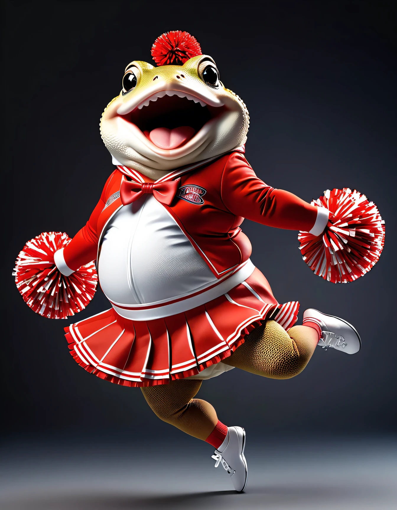 photorealistic portrait of Dressed animals - a ((fat)) toad cheerleader,(cheer dancing:2.0),(jumping:2.0),(big smile),(from side:2.0), high quality,(lovely) ,intricate details, highly detailed ((cheer costume)) ,highly detailed cheer clothes, holding pom-pom in hands,(passion) , highly detailed , (happy), studio lighting,(full body image:1.5)