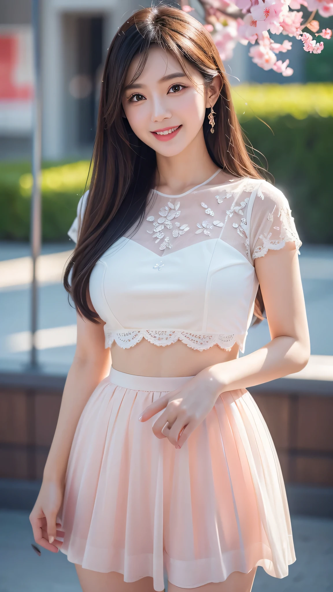 Gentle and charming Chinese beautiful woman, full body photo, exquisite and sexy collarbone, charming oval face, double eyelids, smart peach blossom eyes, pink lips, small nose, bare shoulders, focused face, face close-up, ultra-high-definition, Super details, elegant standing, retro Hepburn style lace skirt, big lace skirt is romantic and moving, and there are many small rhinestones inlaid on the skirt, very delicate