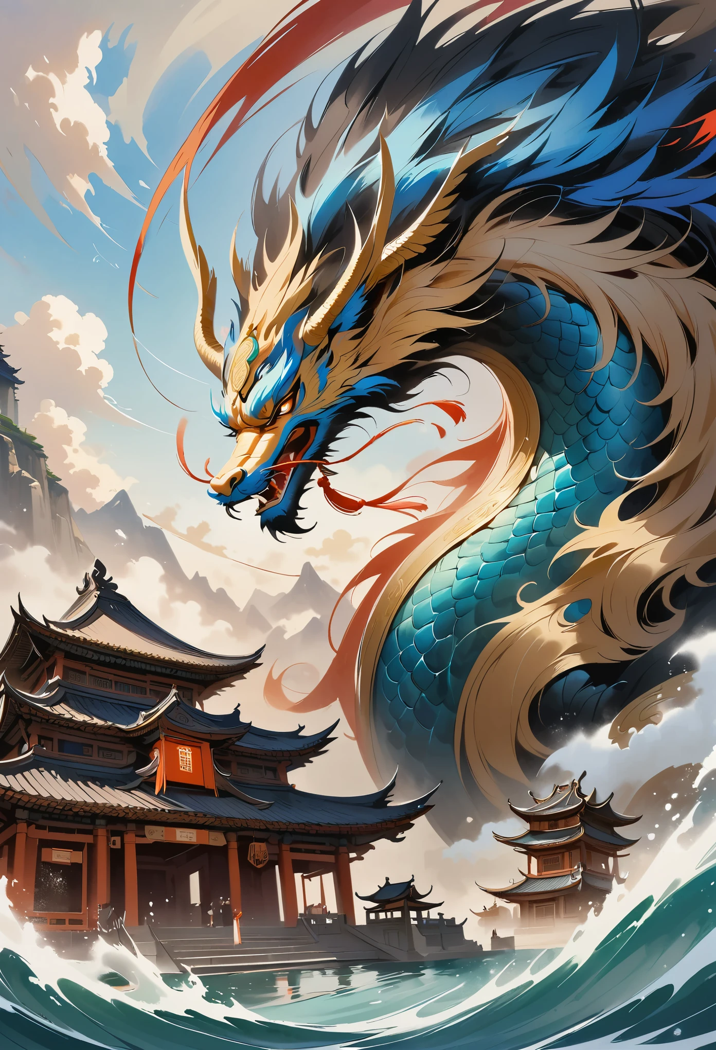 Amazing epic Chinese theme, water&water墨风格, fantasy style, martial arts style, temple, Chinese dragon, Chinese fairy tale,Very detailed, Dynamic,expressive, clean lines, cinematic, Awesome--automatic