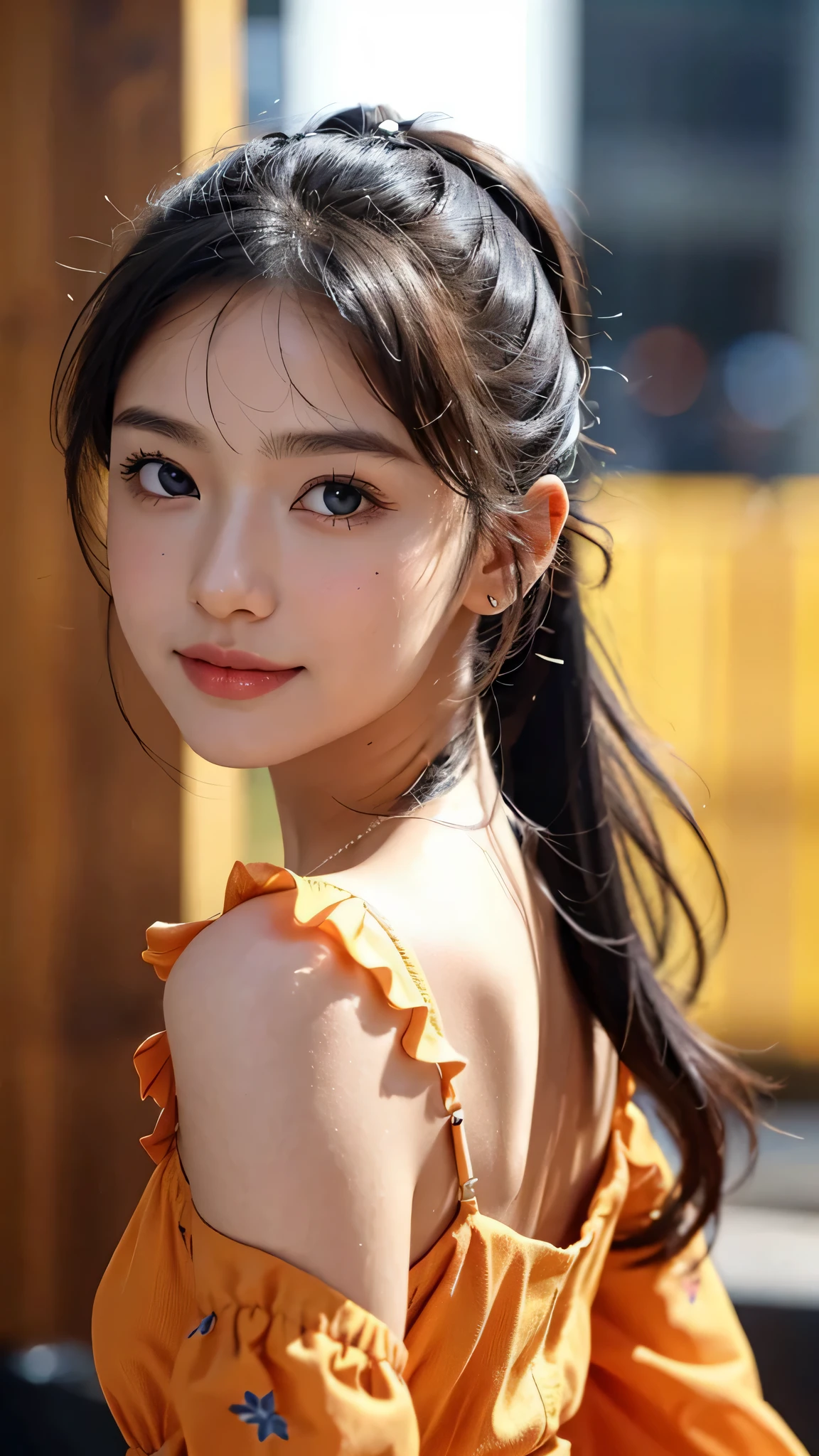 One woman,fully body photo,masutepiece, The highest image quality, High quality, the background is clear,Beautiful woman, Japanese, Detailed, Detailed eyes, Detailed skin, Beautiful skin, 超hight resolution, (reality: 1.4),Very beautiful woman, Slightly younger face, Beautiful skin, slender, (Ultra photo realsisim), (hight resolution), (8K), (Very detailed) (beautifully detailed eyes), (super detailed), (Detailed face), view the viewer, Fine details, Detailed face, Staring straight ahead, Staring straight ahead, photos realistic, Bright lighting, Professional Lighting, Black hair,poneyTail,a baby face,sixteen years old,Hairstyle is ponytail,long ponytail hairstyle,smile,Orange colored long dress with lots of ruffles, softly shaped skirt,the street europian,standing on stage,close up of face