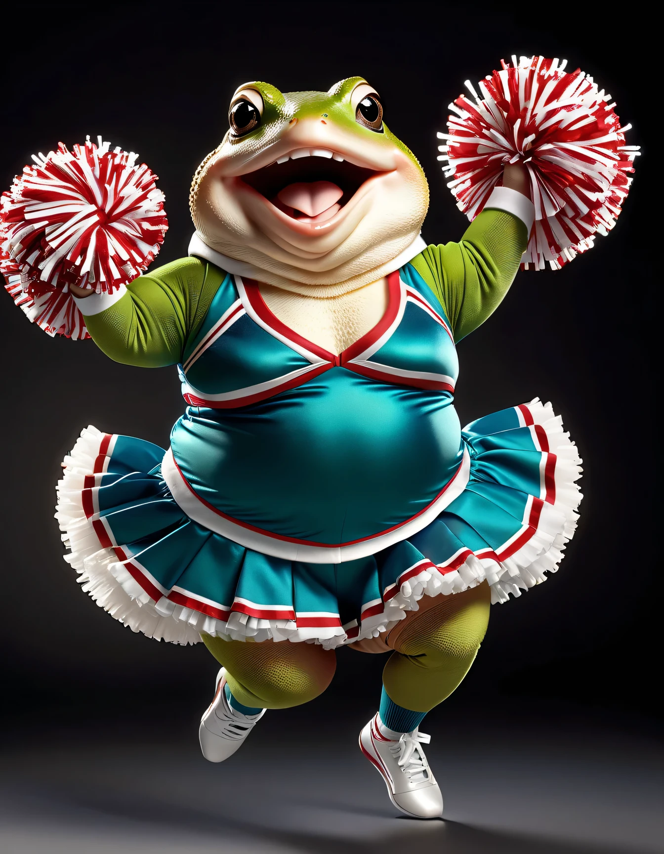 photorealistic portrait of Dressed animals - a ((fat)) toad cheerleader,(cheer dancing:2.0),(jumping:2.0),(big smile),(spreading legs up:2.0), high quality,(lovely) ,intricate details, highly detailed ((cheer costume)) ,highly detailed cheer clothes, holding pom-pom in hands,(passion) , highly detailed , (happy), studio lighting,(full body image:1.5)