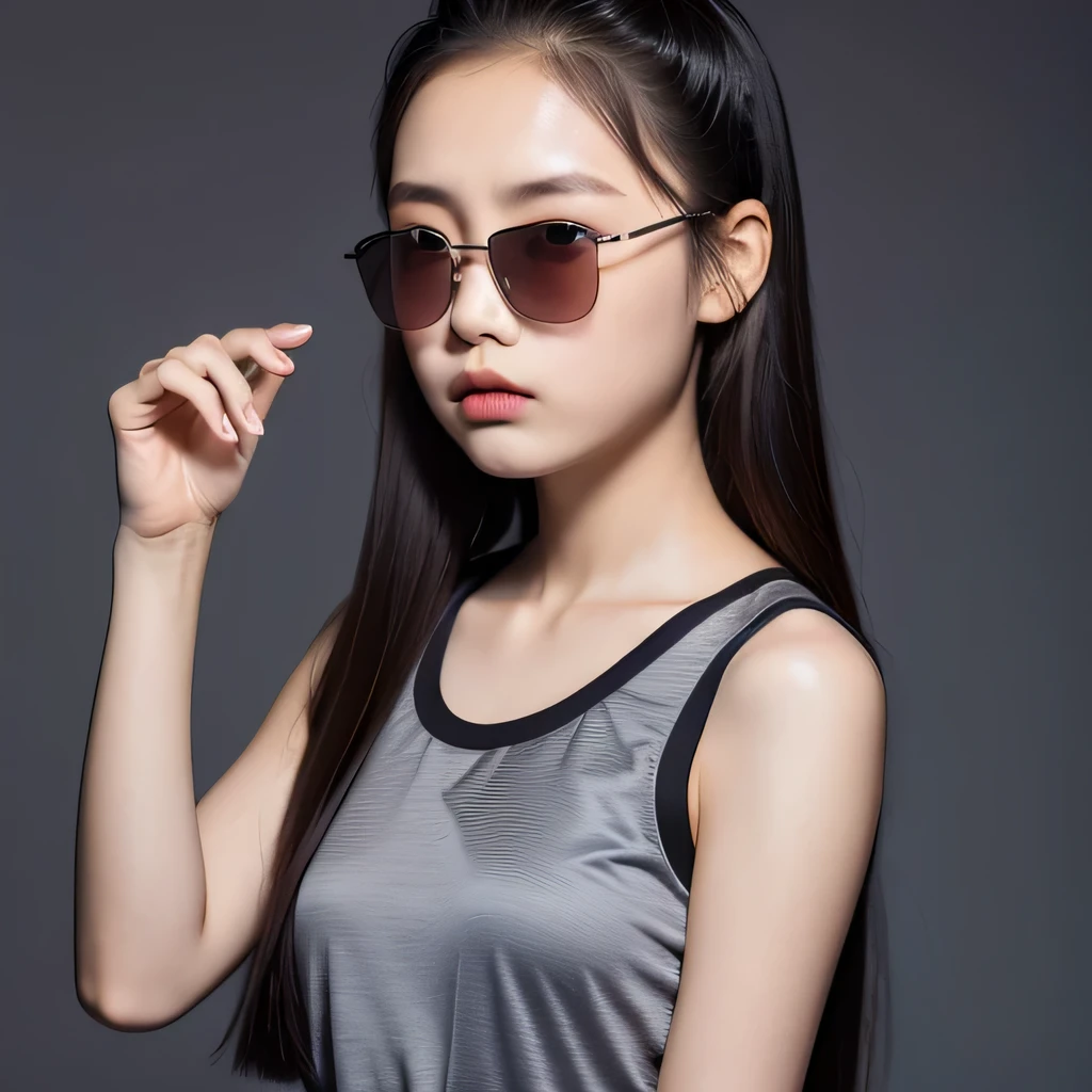 （best quality, masterpiece：1.2）, ID photo of a 13-year-old Chinese girl, sportswear, camisole，Pure cotton，gray background, Surrealism, ultra high definition, textured skin, high detail，facing the camera, 8K crocodile skeleton（（（platinum marble sunglasses）））