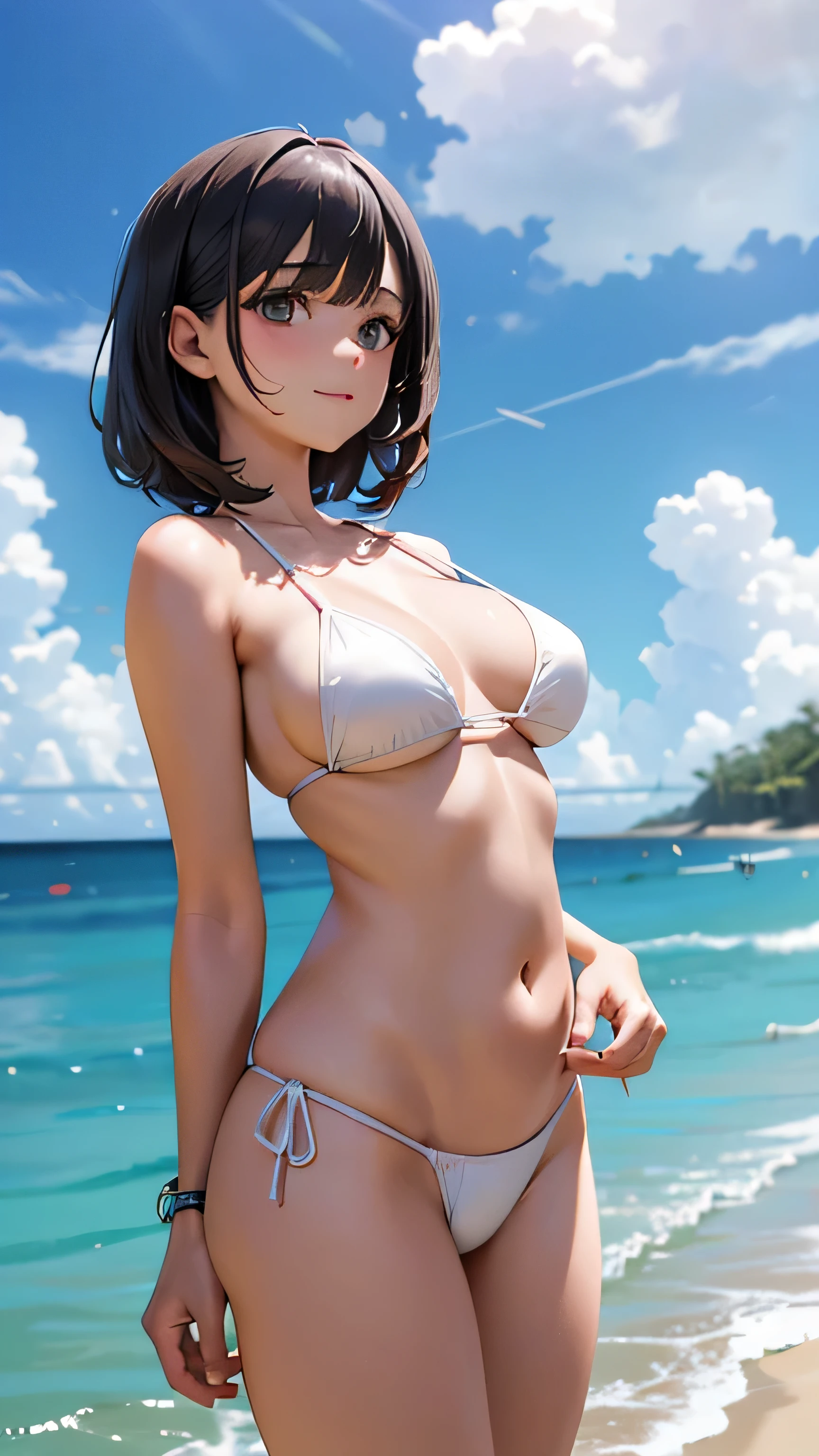 corpo todo,1 garota,sorriso caloroso,(figura perfeita,ser alto e magro),Sozinho,(ar livre:1), blue sky, concentre-se no peito,olhando para o mar,Rosto de Selina Gomez,Detalhe delicado rosto latino jovem, pele oleosa,(salva-vidas sexy, white bikini), dedo de camelo, (lindos seios naturais, tamanho dos seios C90),(belo quadril),(beautiful hand),(bela coxa),Smoke, vivid image,obra de arte, (Melhor qualidade:1.2),ultra-detalhado,realista,High definition,alta qualidade,cinematic light,rastreamento de raio,Ultra high resolution,Ultra HD,(Sobre Fotoreal:1.4),detalhes intrincados,textura detalhada,finamente detalhado,alta qualidade shadow, Fundo da praia de Miami, from head to toe