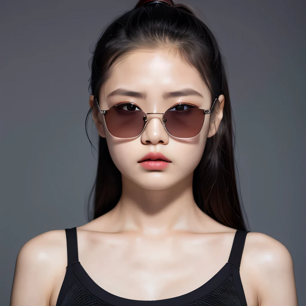 （best quality, masterpiece：1.2）, ID photo of a 13-year-old Chinese girl, sportswear, camisole，Pure cotton，gray background, Surrealism, ultra high definition, textured skin, high detail，facing the camera, 8K crocodile skeleton（（（platinum marble sunglasses）））