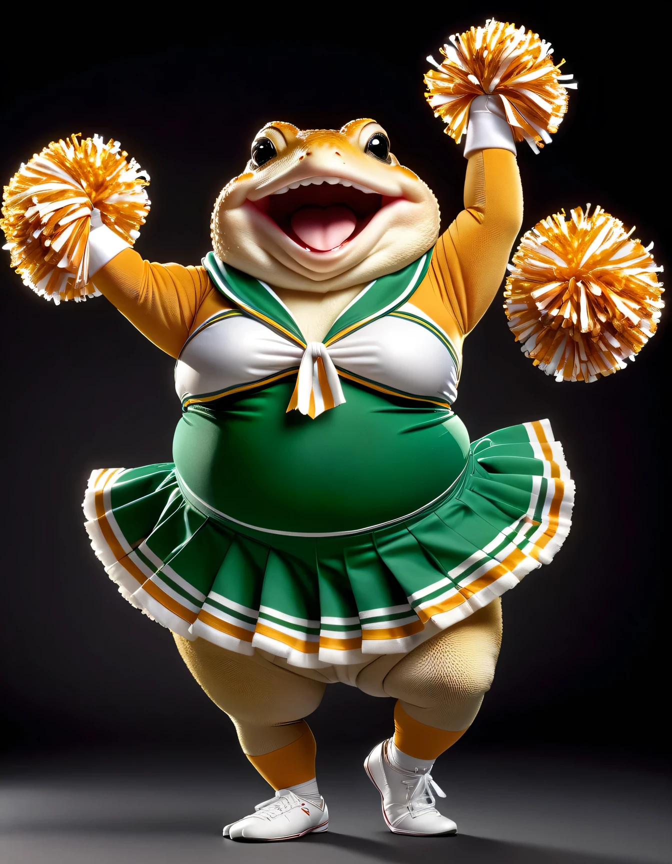 photorealistic portrait of Dressed animals - a ((fat)) toad cheerleader,(cheer dancing:2.0),(),(big smile),(raising legs up:2.0), high quality,(lovely) ,intricate details, highly detailed ((cheer costume)) ,highly detailed cheer clothes, holding pom-pom in hands,(passion) , highly detailed , (happy), studio lighting,(full body image:1.5)