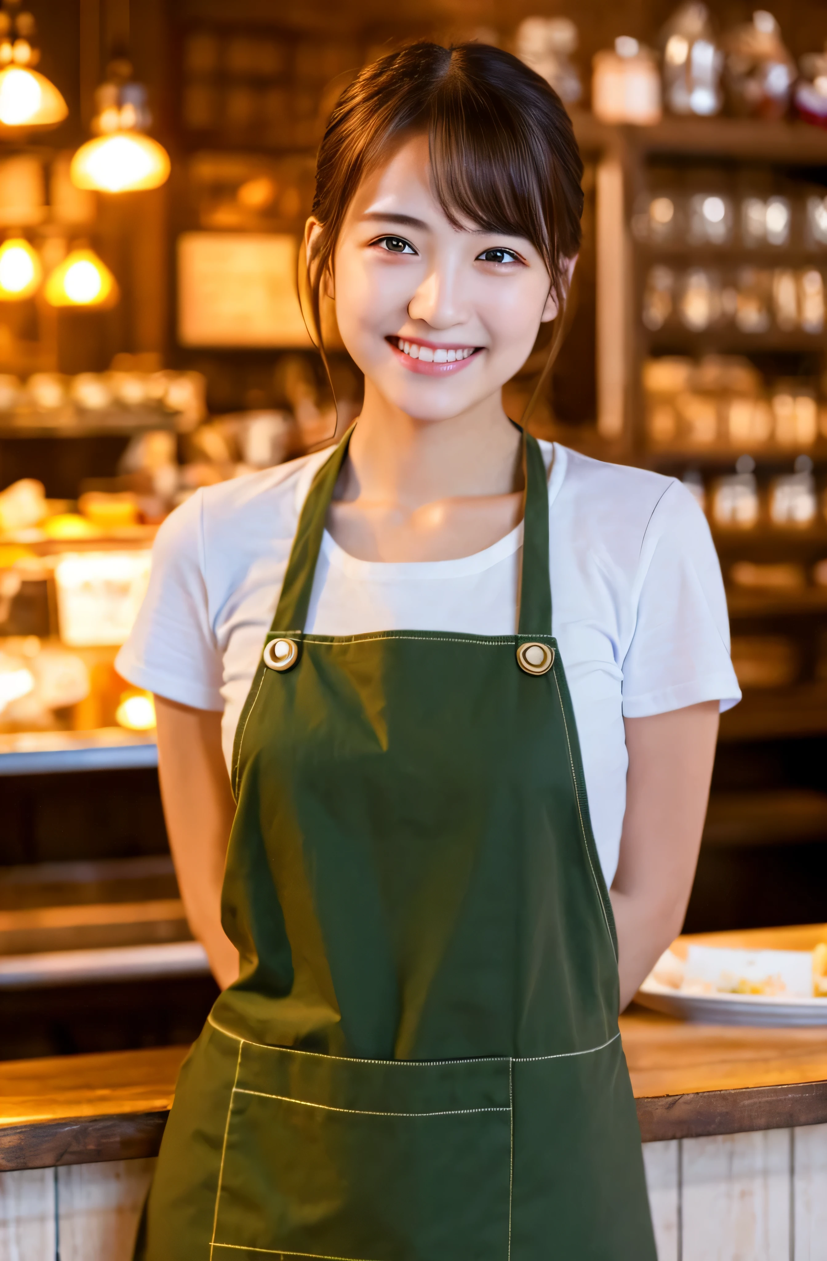 highest quality, masterpiece, ultra high resolution, (realistic:1.4), Raw photo, 1 girl、shiny skin, dramatic lighting, whole body,、Japanese, complete raw body, Show all attractions、smile、restaurant、waitress、brown apron