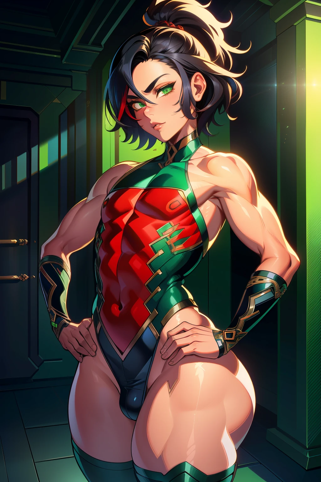 (extremely detailed CG unity 4k wallpaper),(masterpiece),(best quality),(ultra-detailed),(best illustration),(best shadow),(absurdres),(detailed background), CFemboy, Detailed face, Detailed hair, shoulder length black hair with red highlights, flat chest, delinquent, mad, green eyes, hands on hips, thick thighs, big ass,